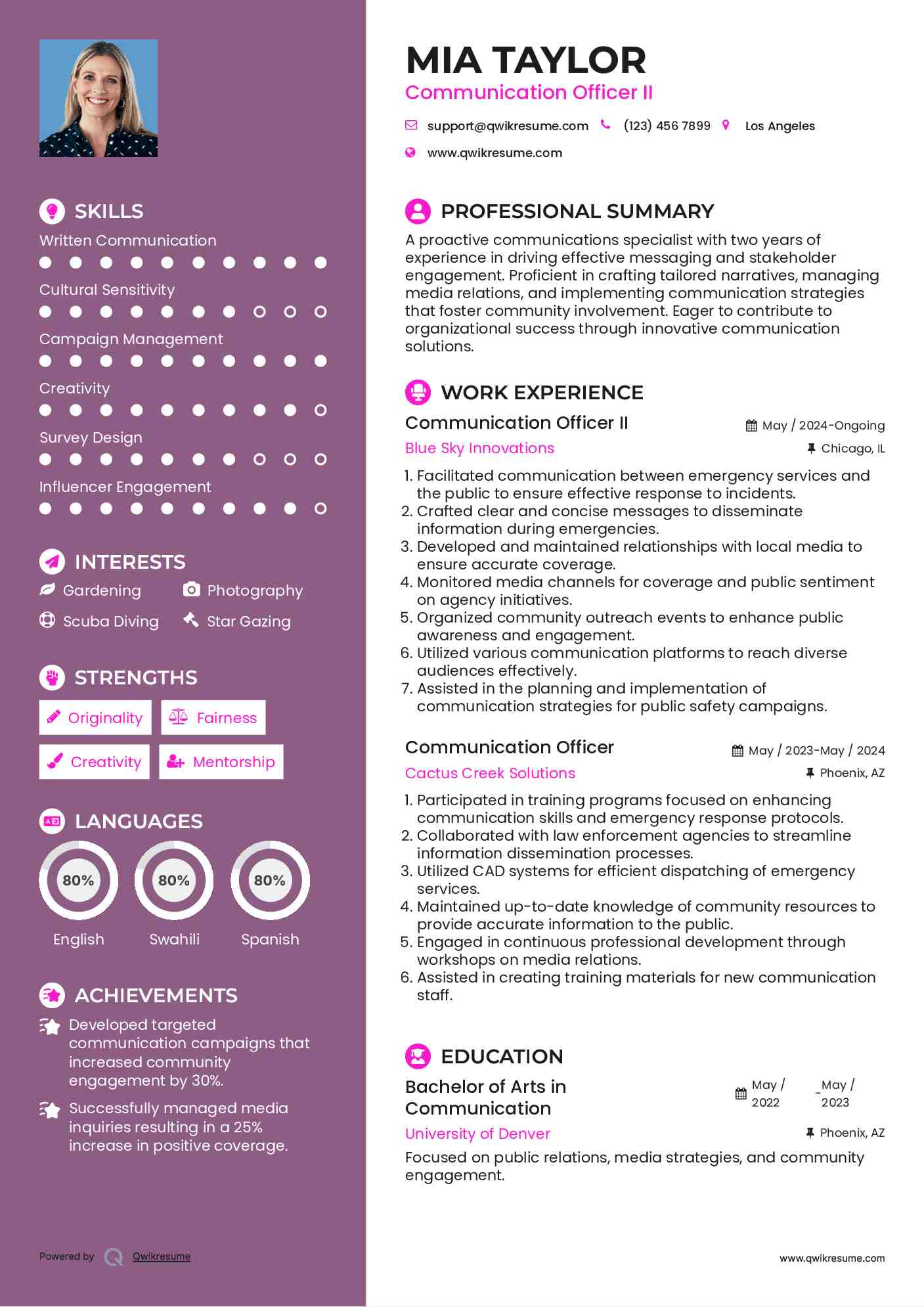 Communication Officer II Resume Model