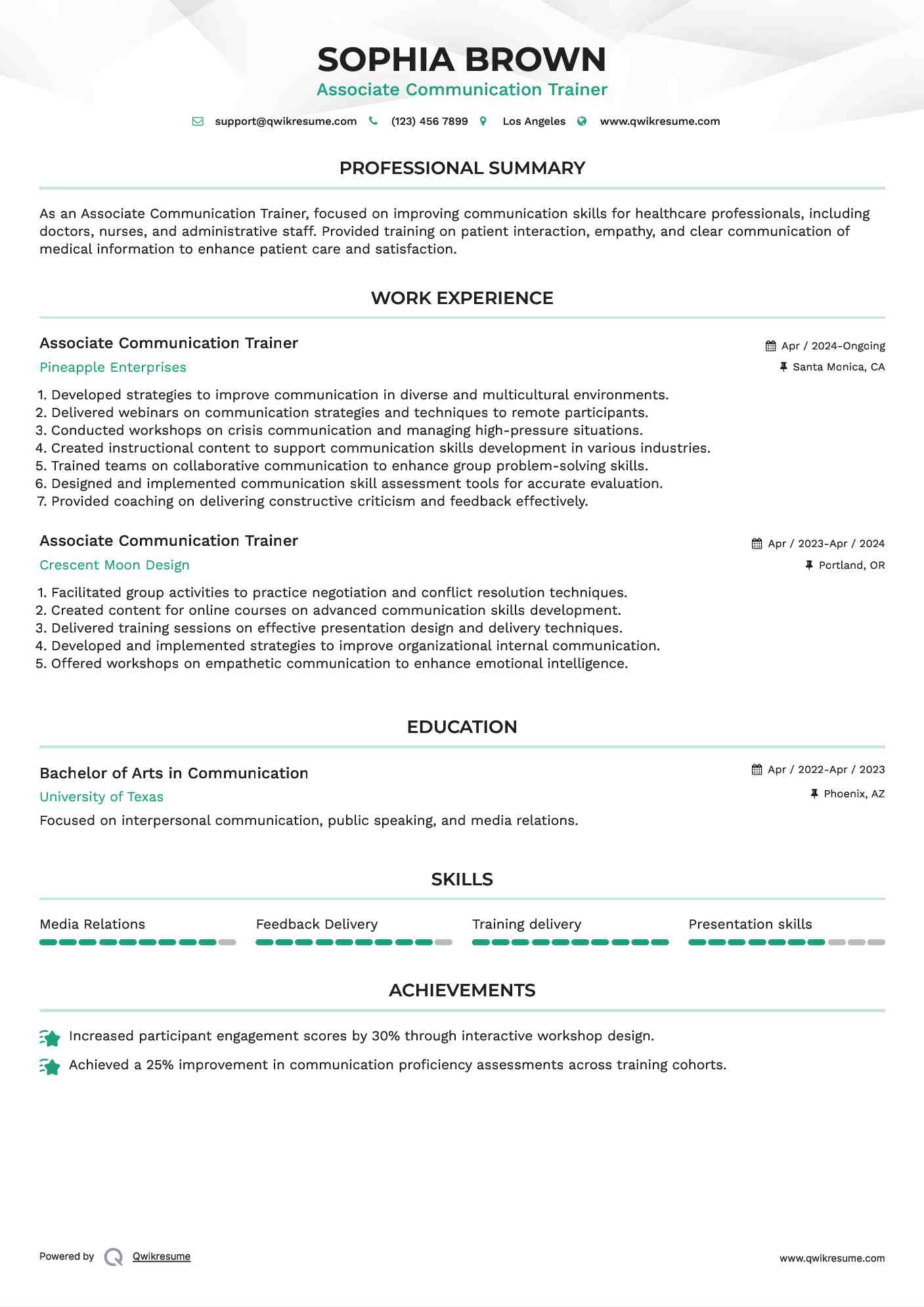 Associate Communication Trainer Resume Format