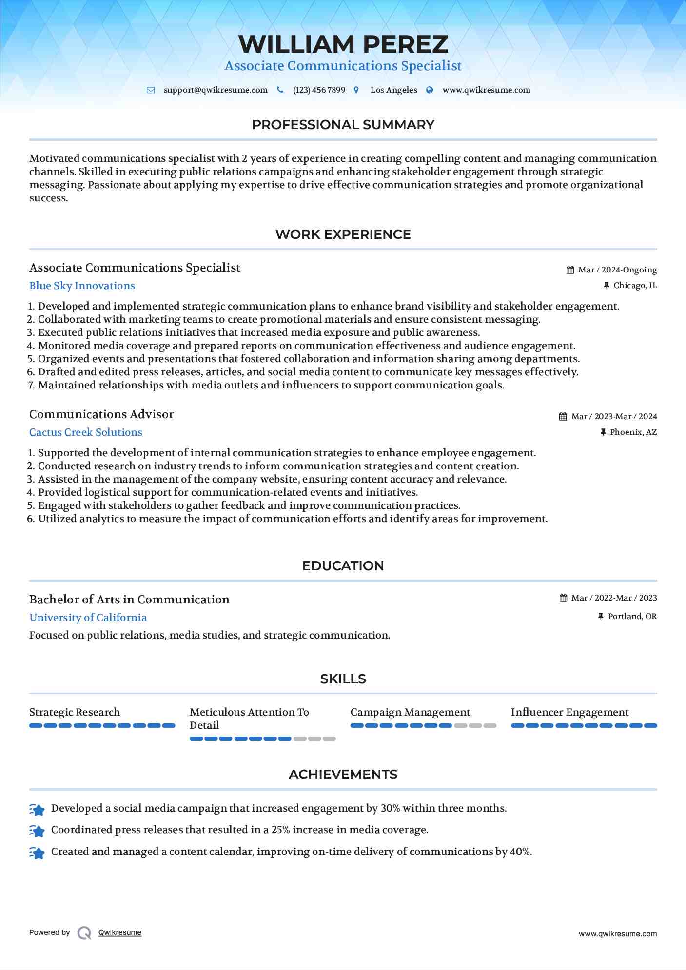 Associate Communications Specialist Resume Template