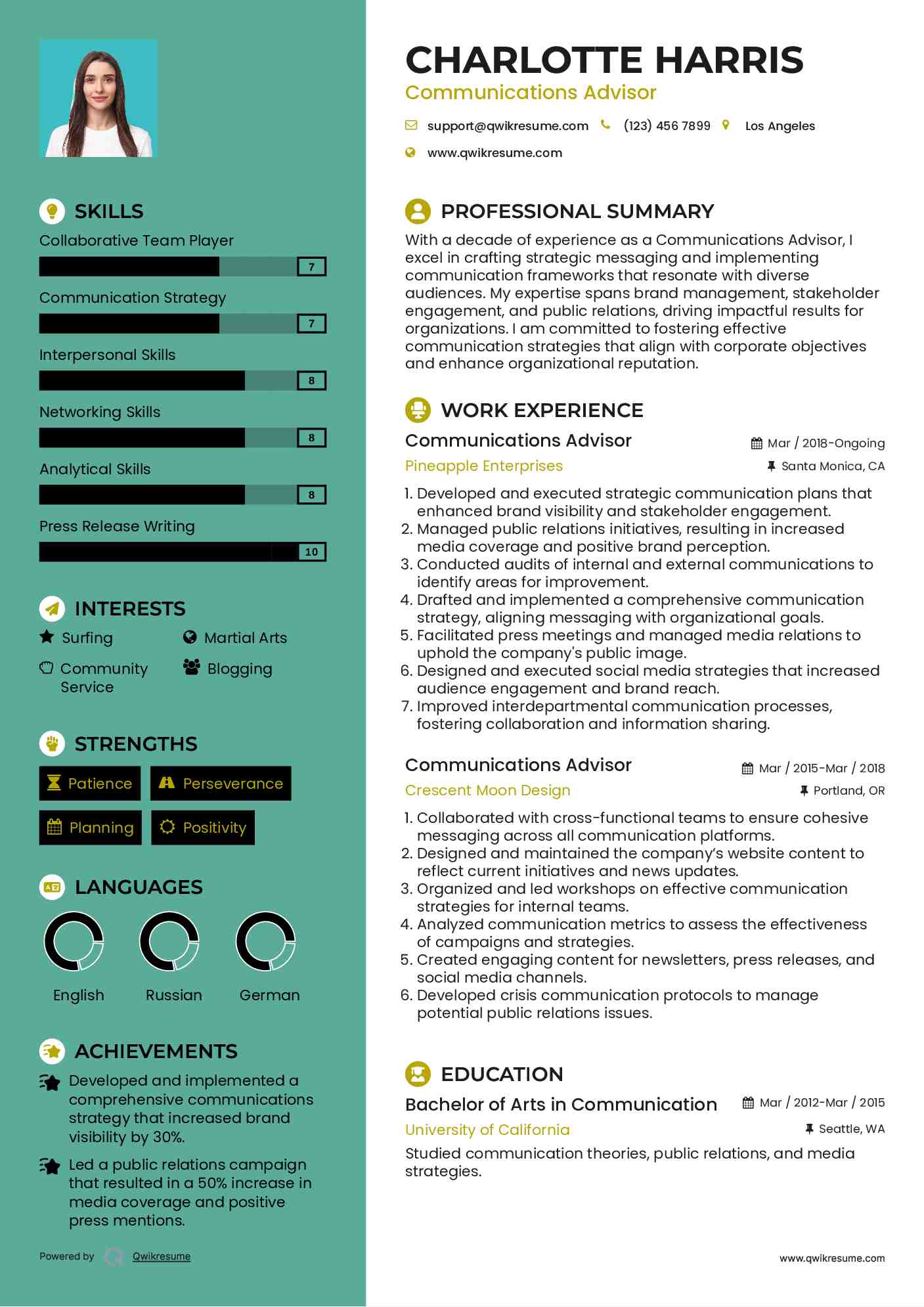 Communications Advisor Resume Model