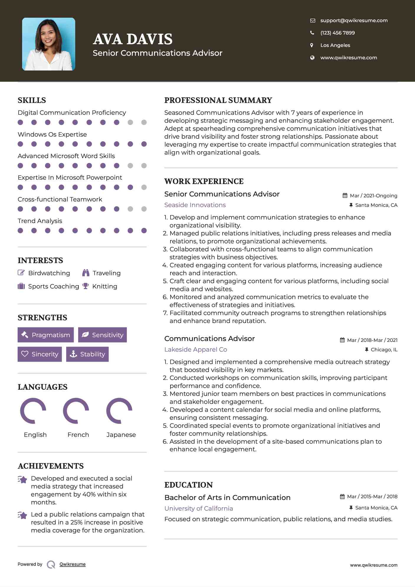 Senior Communications Advisor Resume Model