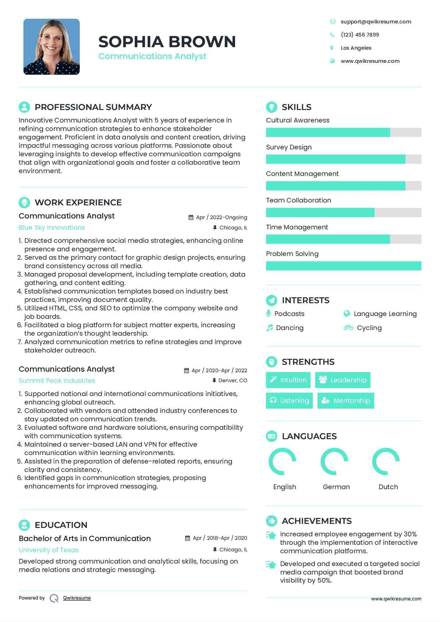 Communications Analyst Resume Example
