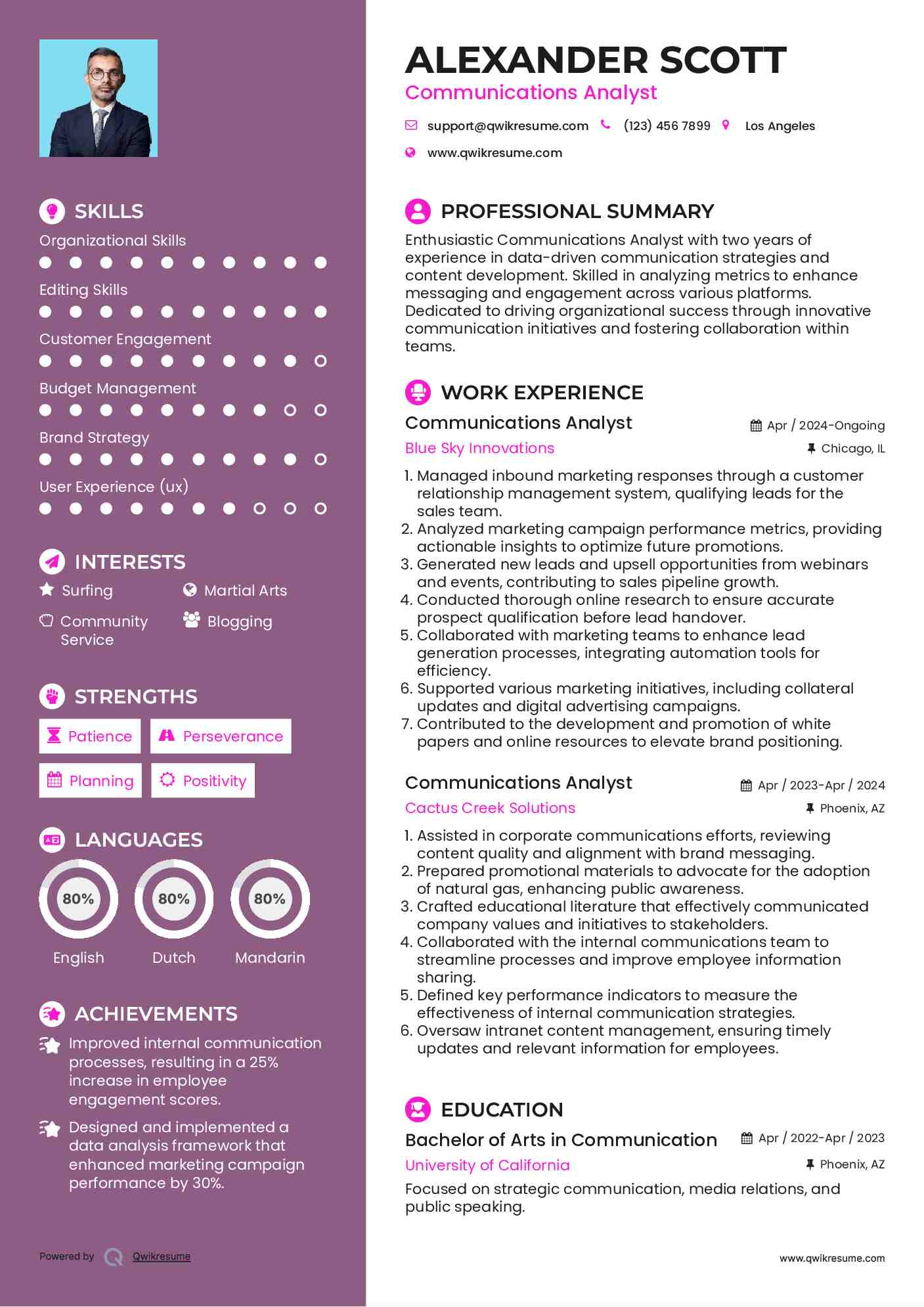 Communications Analyst Resume Example