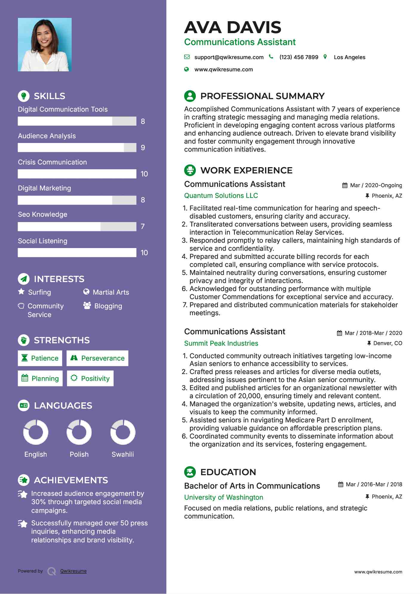 Communications Assistant Resume Example