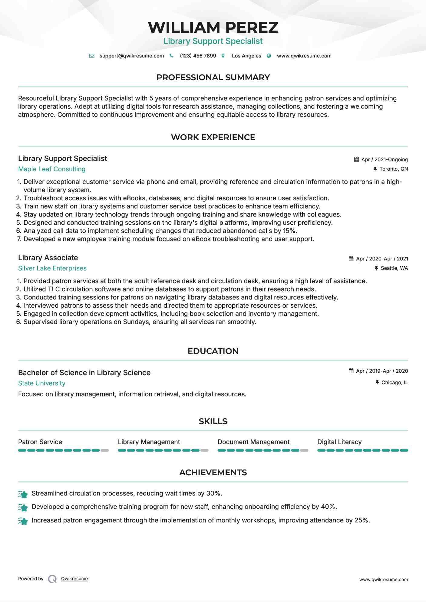 Library Support Specialist Resume Format