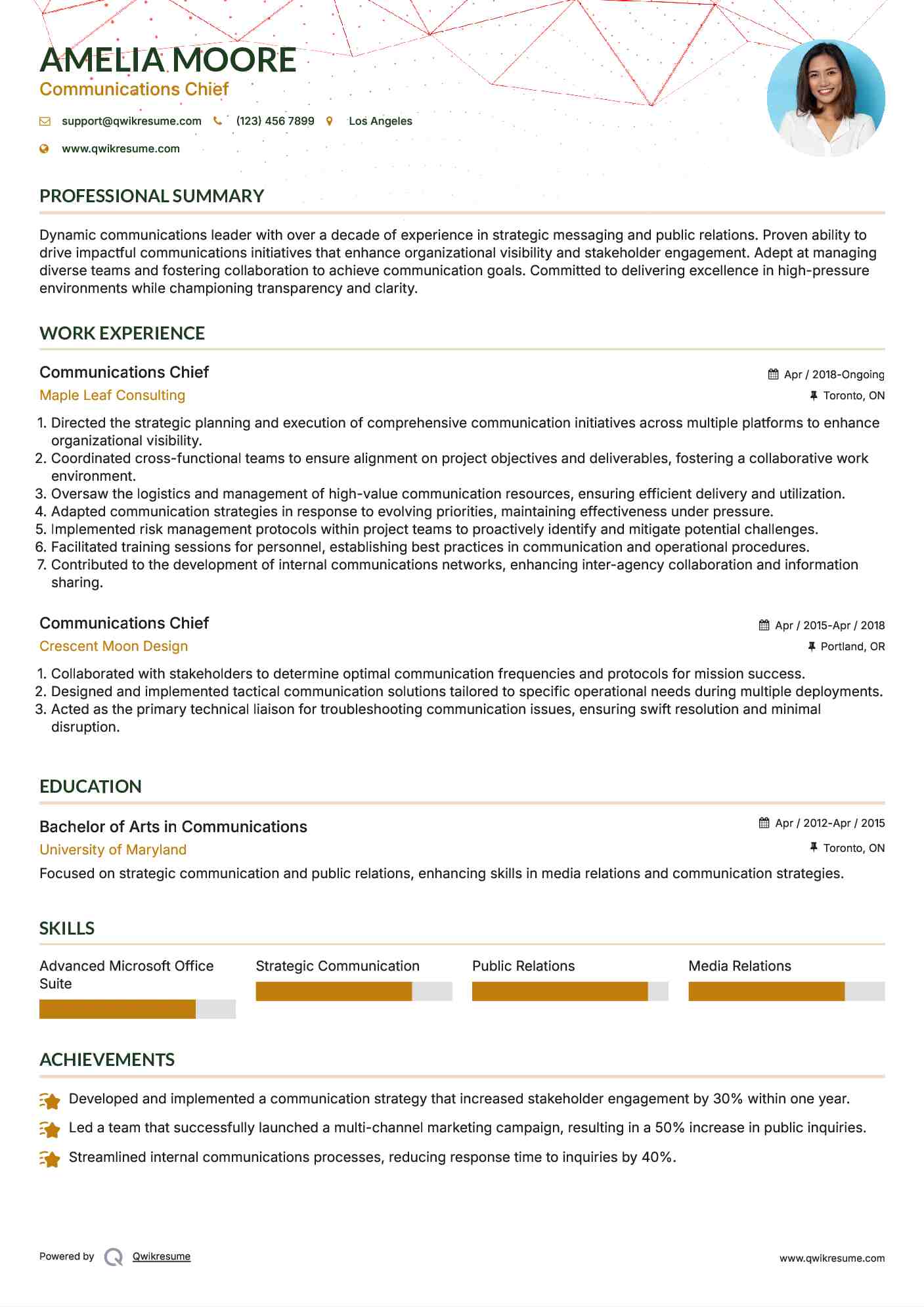 Communications Chief Resume Sample