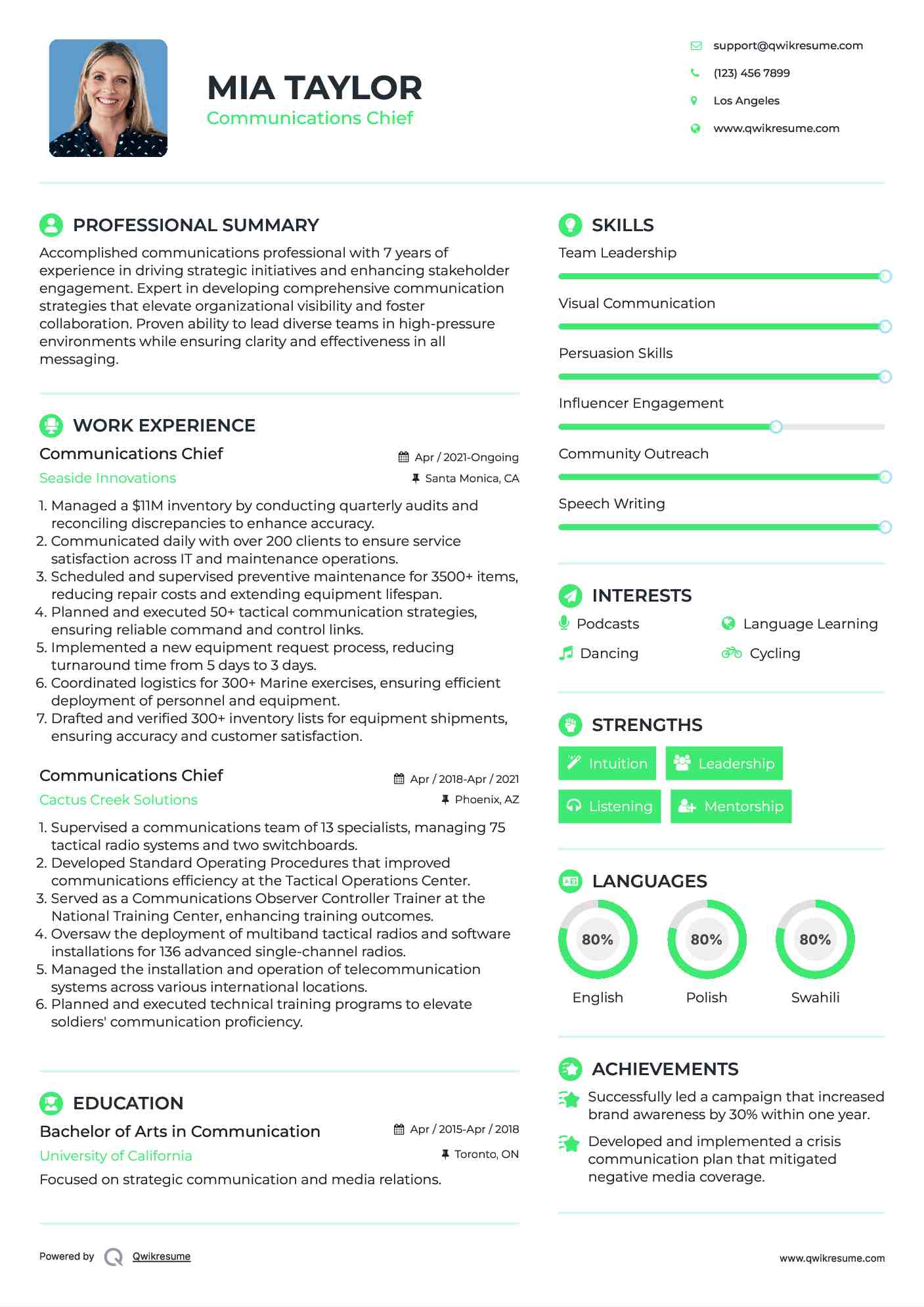 Communications Chief Resume Sample