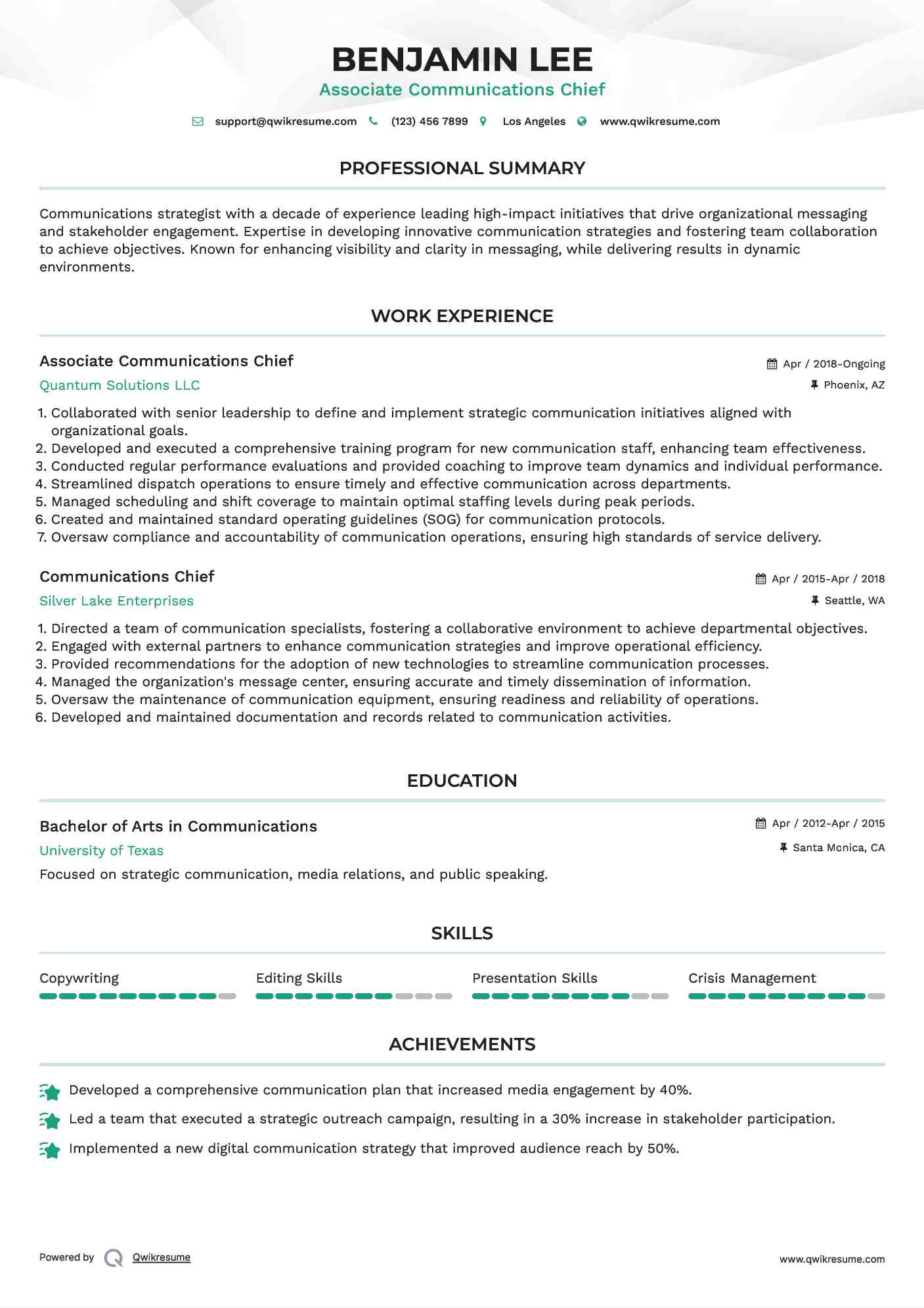 Associate Communications Chief Resume Format