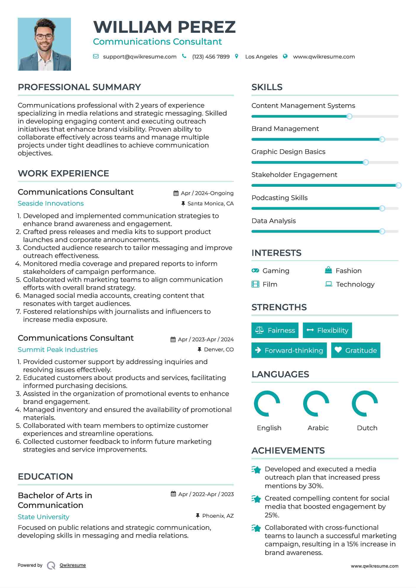 Communications Consultant Resume Example