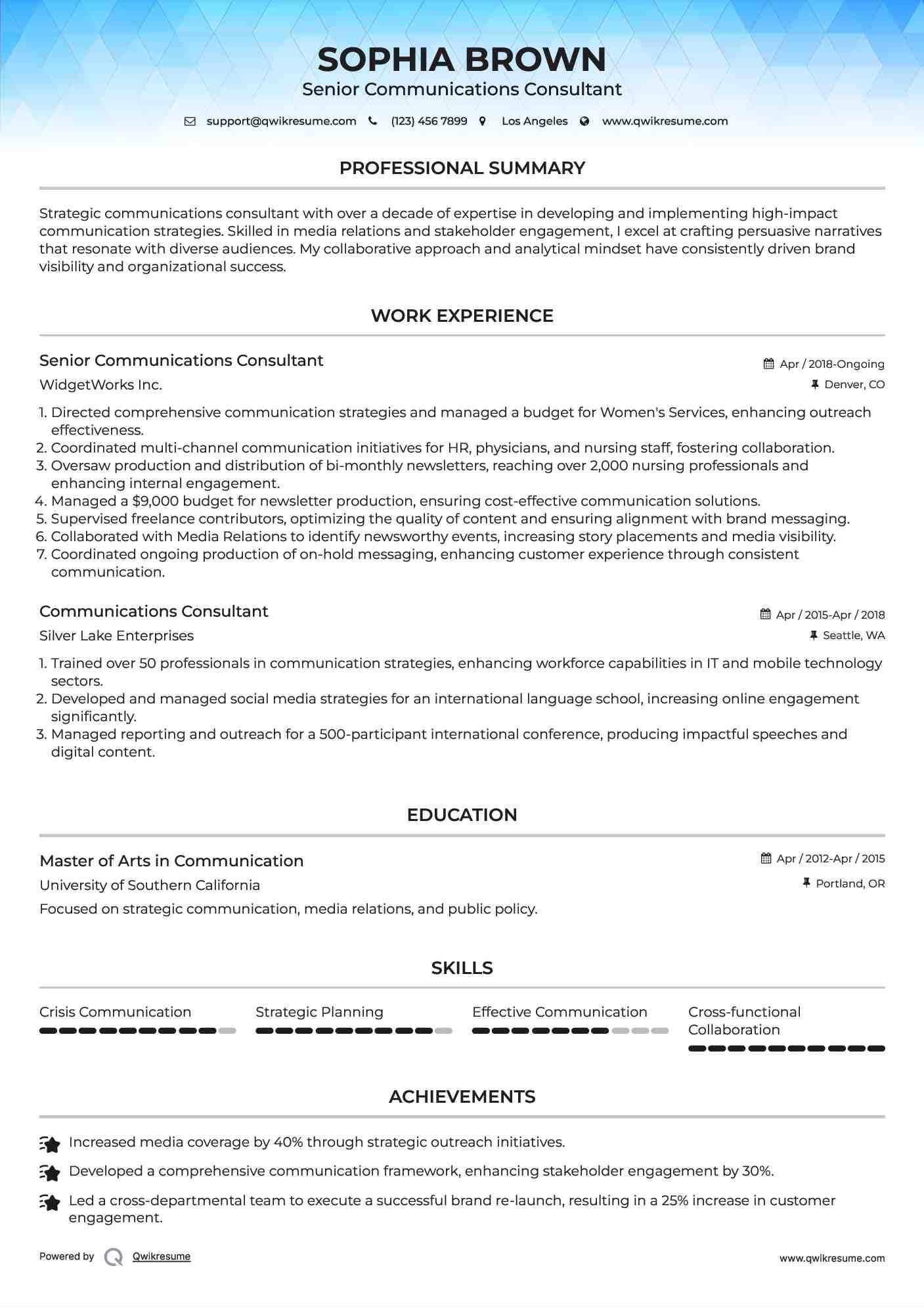 Senior Communications Consultant Resume Format