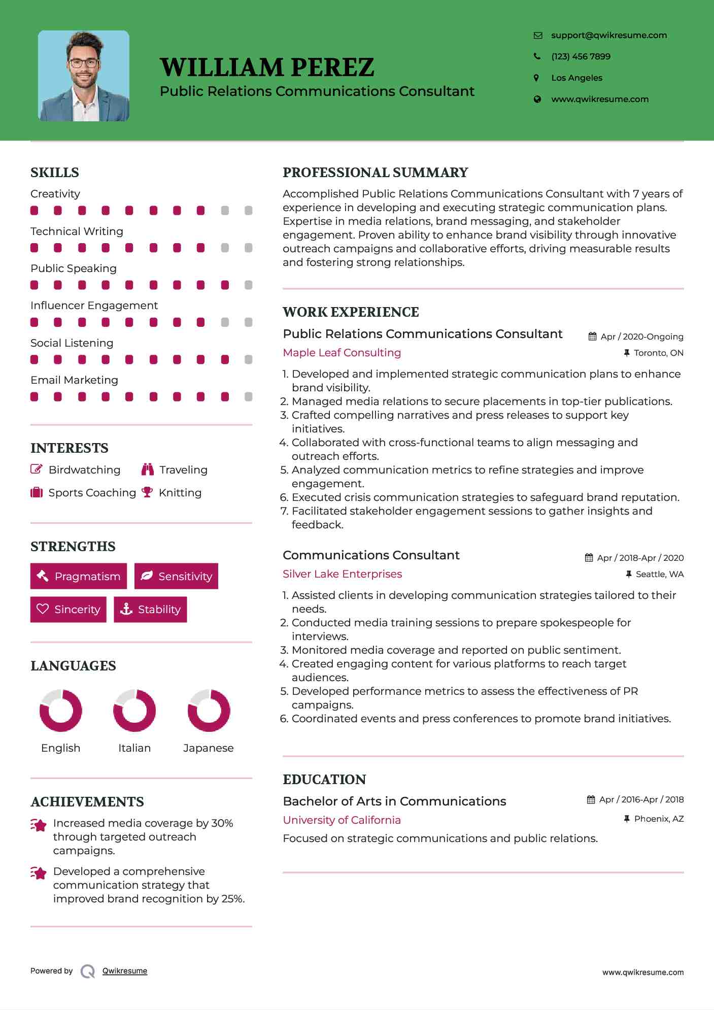 Public Relations Communications Consultant Resume Template