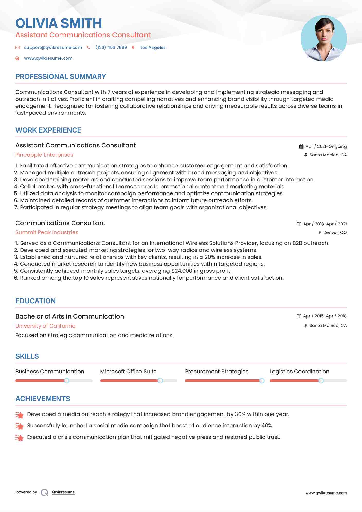 Assistant Communications Consultant Resume Model