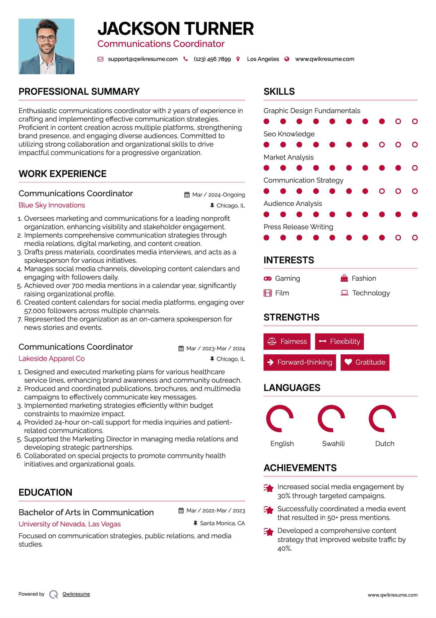 Communications Coordinator Resume Model