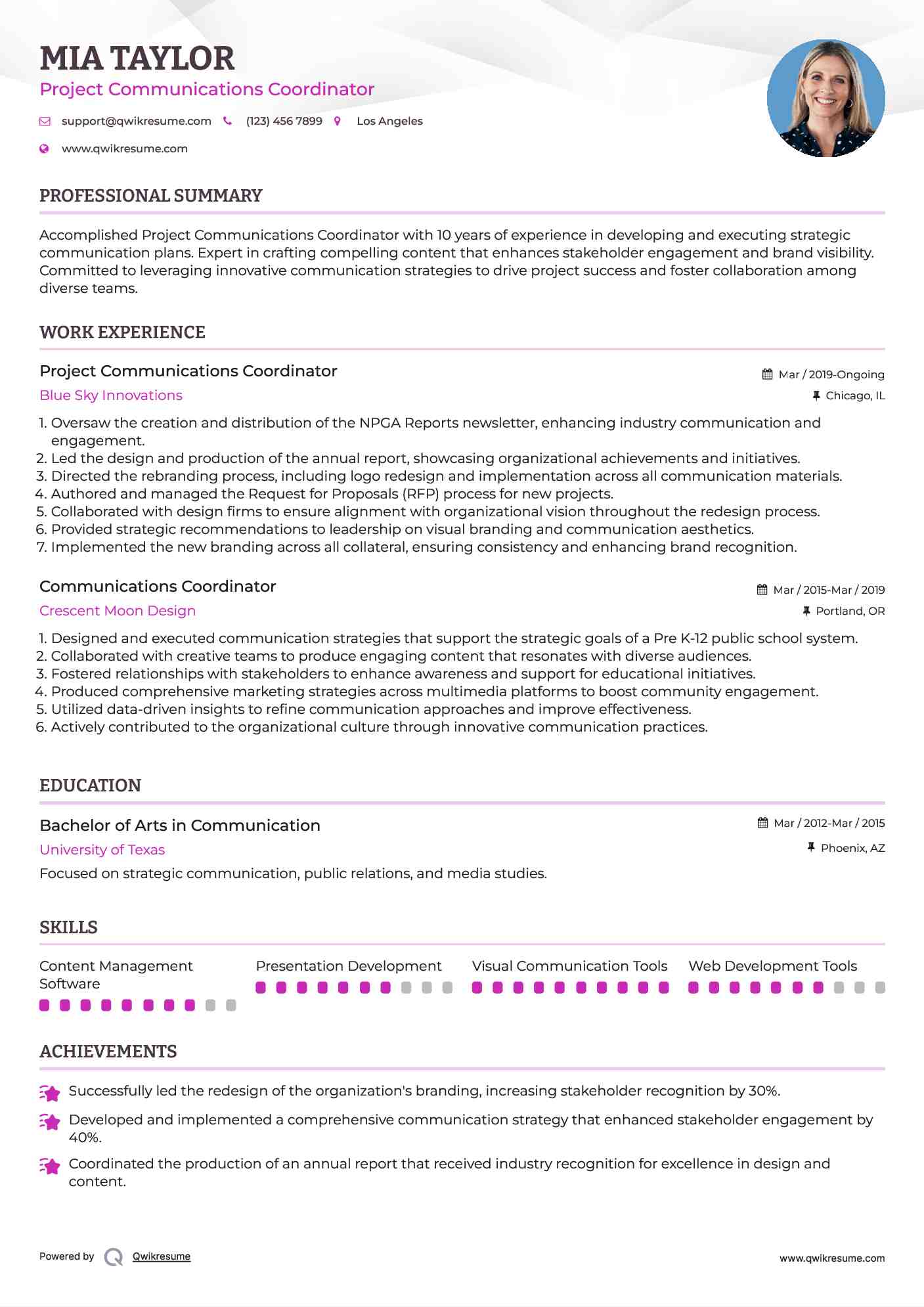 Project Communications Coordinator Resume Template