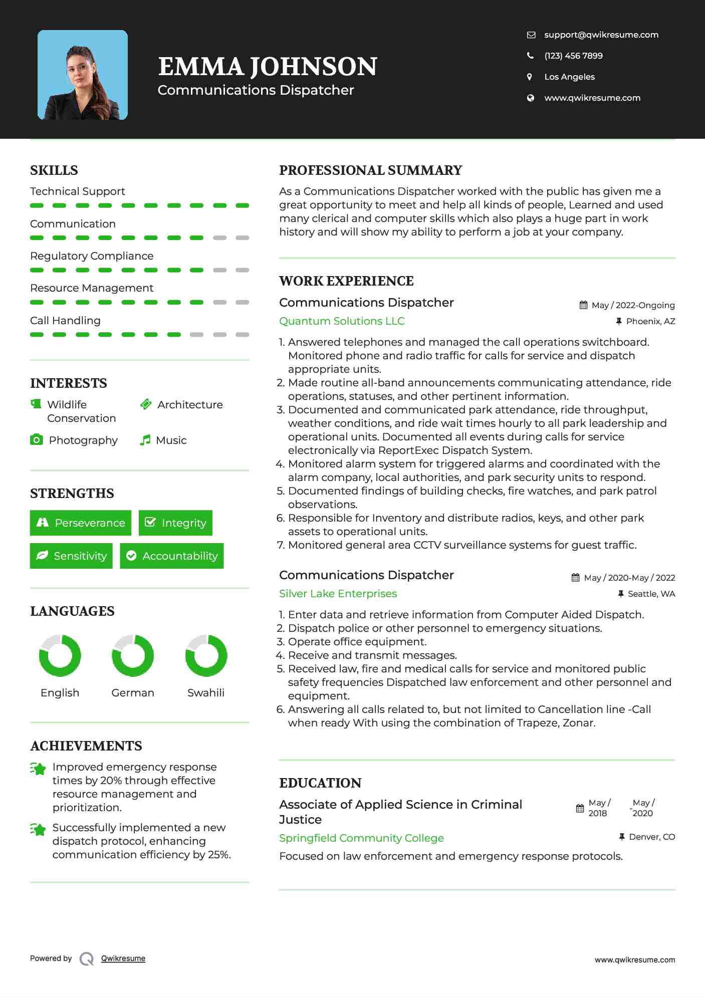 Communications Dispatcher Resume Model