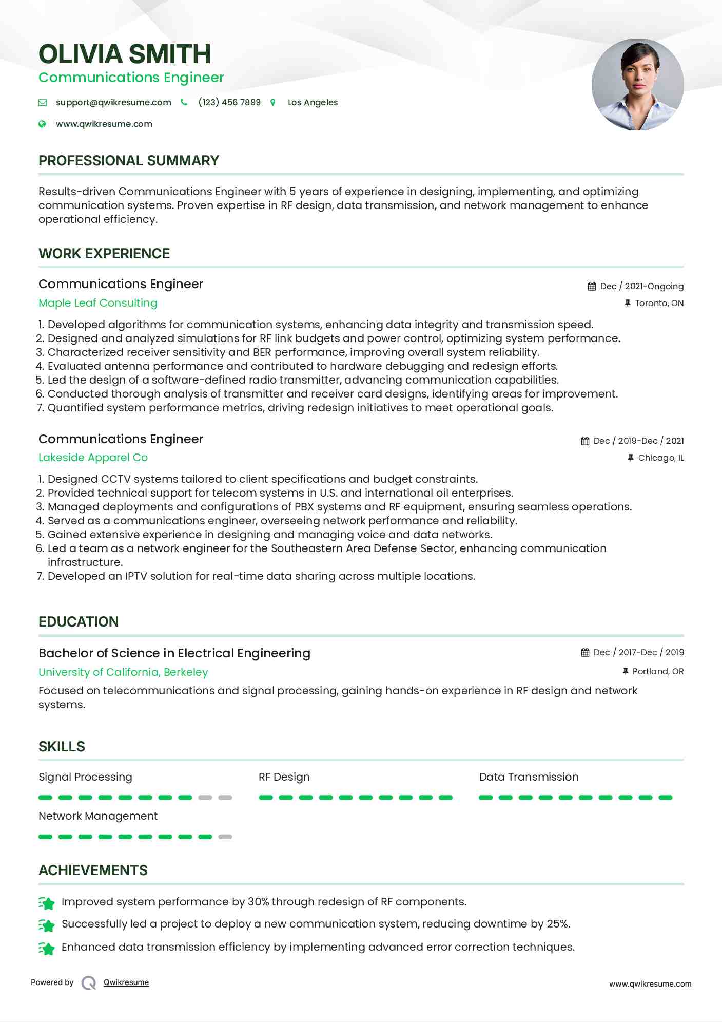 Communications Engineer Resume Example