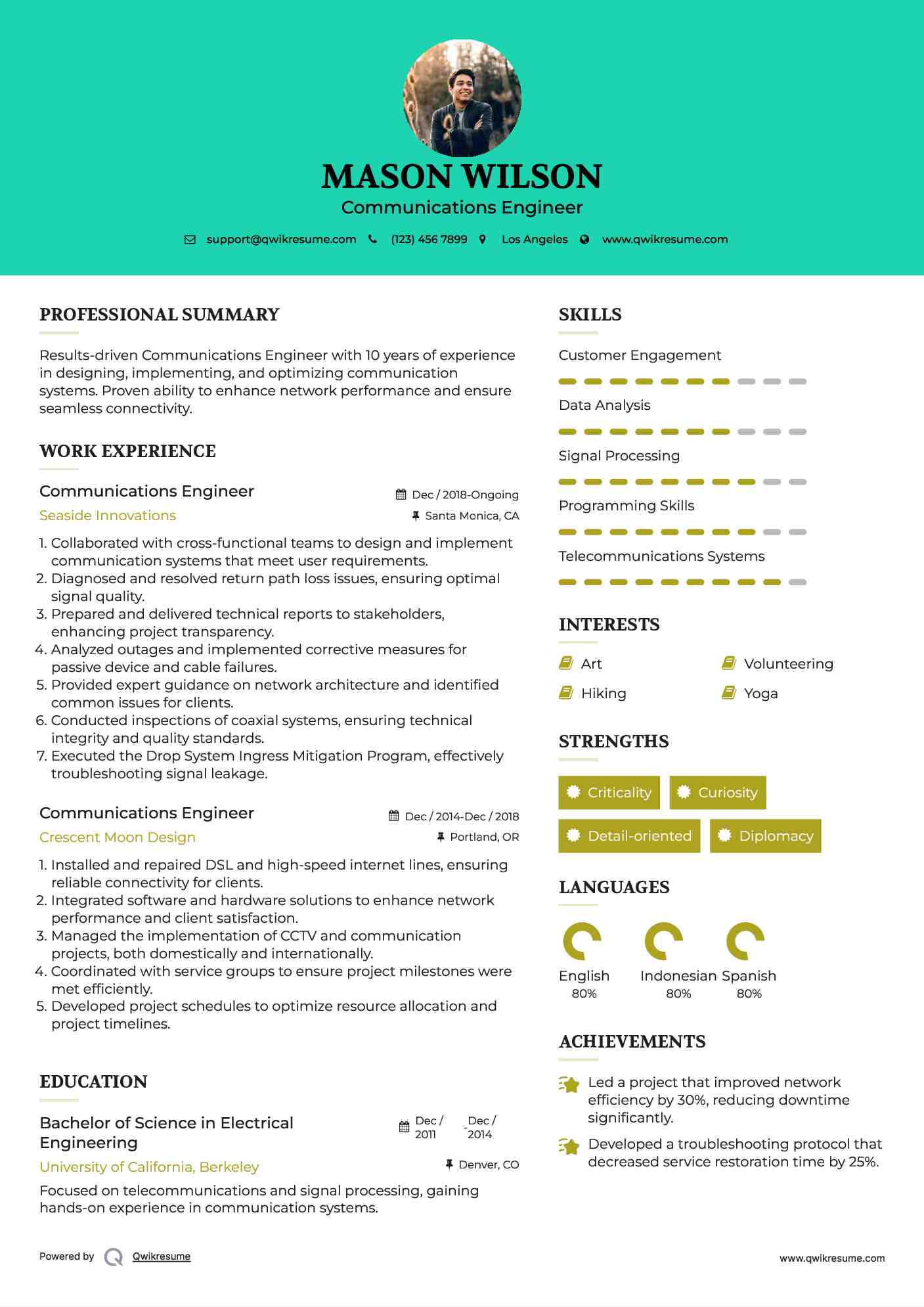 Communications Engineer Resume Example