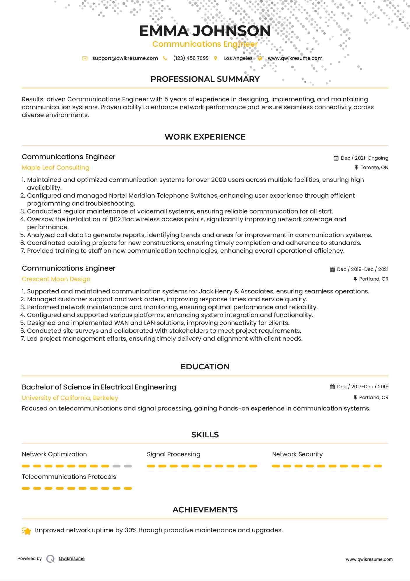 Communications Engineer Resume Sample