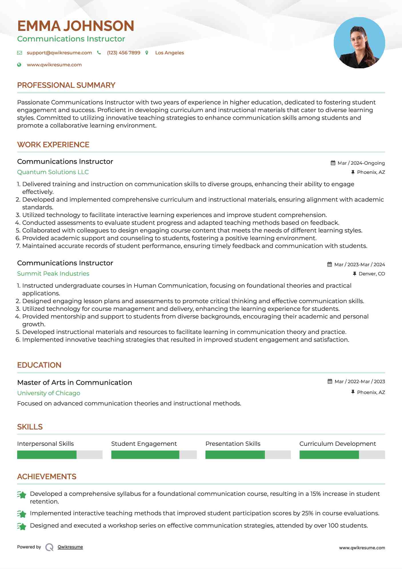 Communications Instructor Resume Template