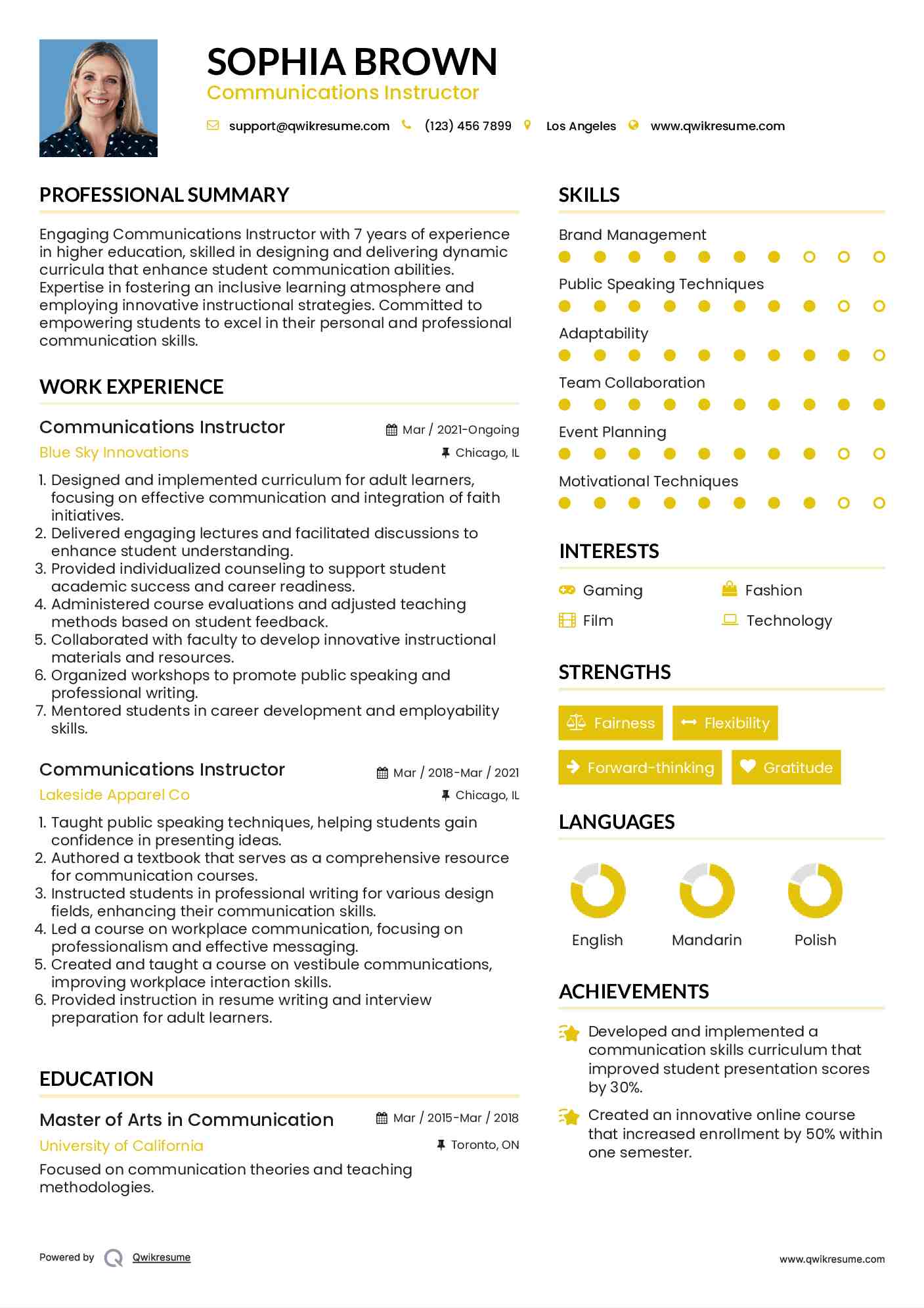 Communications Instructor Resume Sample