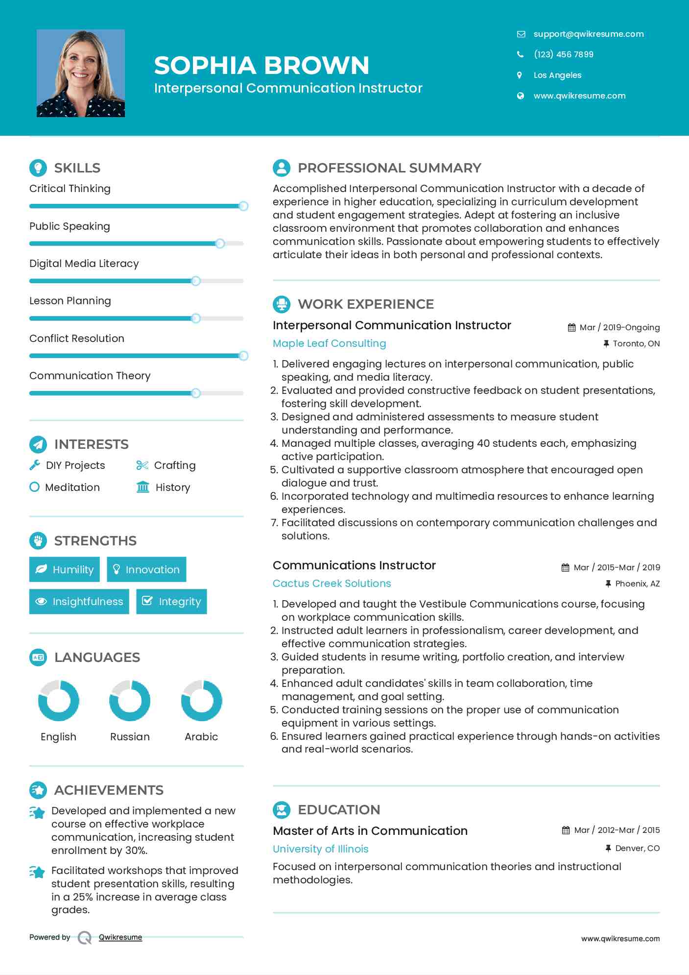 Interpersonal Communication Instructor
 Resume Sample