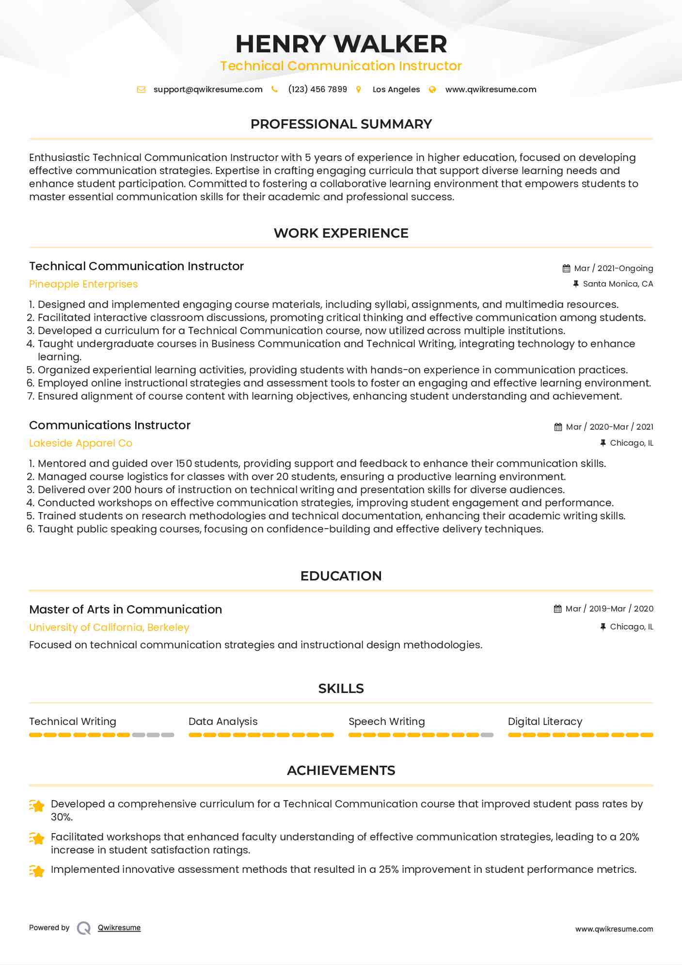 Technical Communication Instructor
 Resume Format