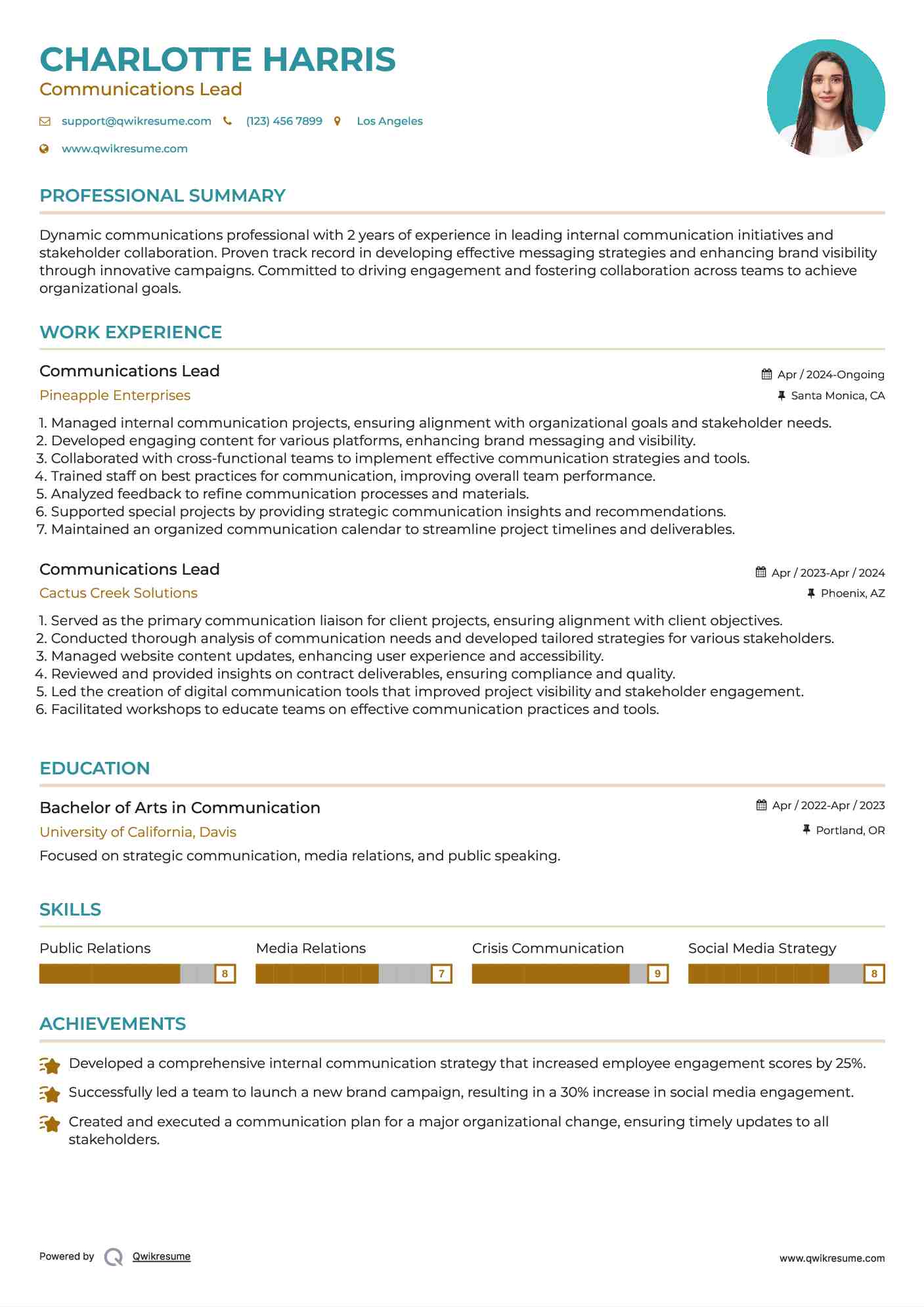 Communications Lead Resume Example