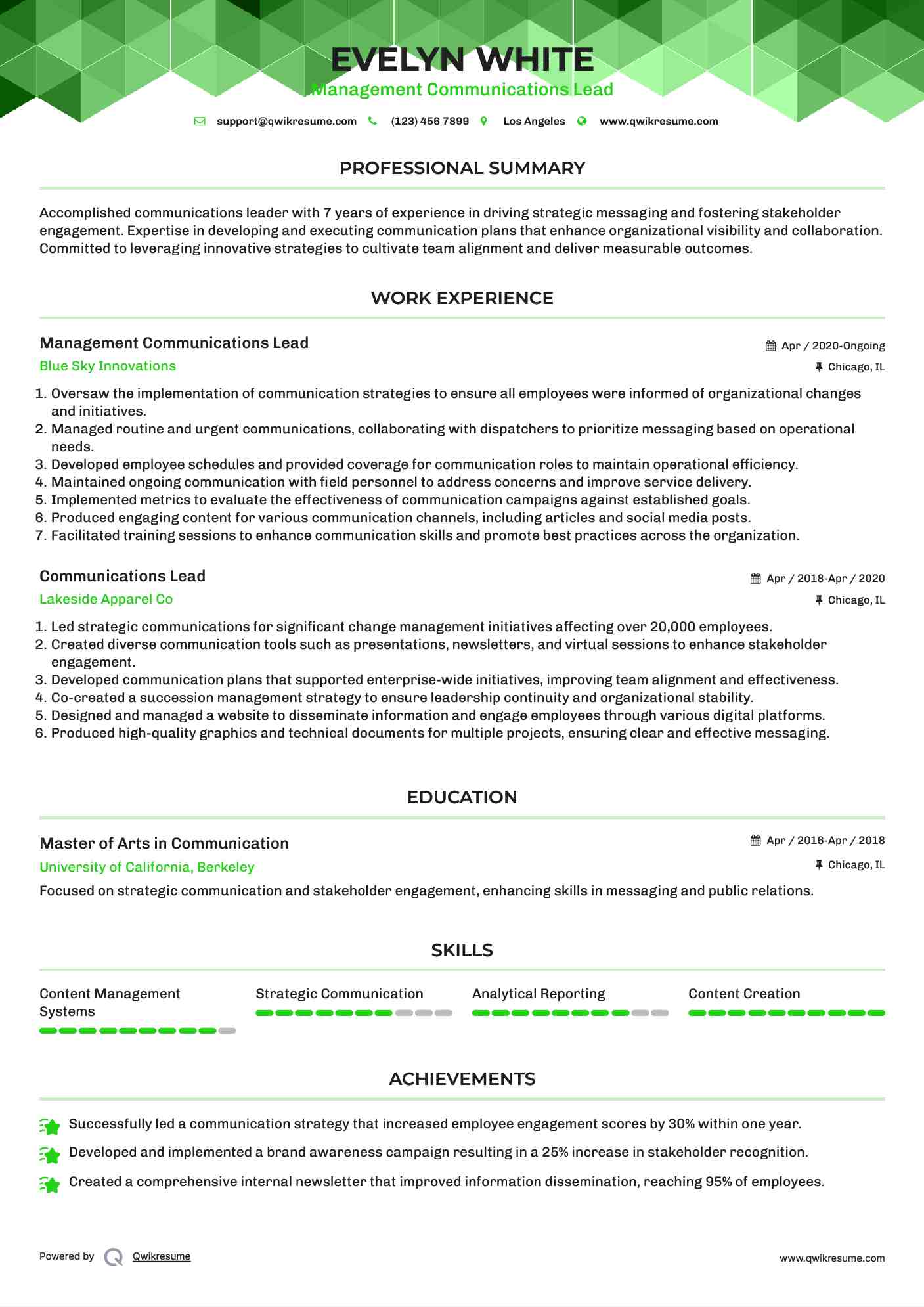 Management Communications Lead Resume Model