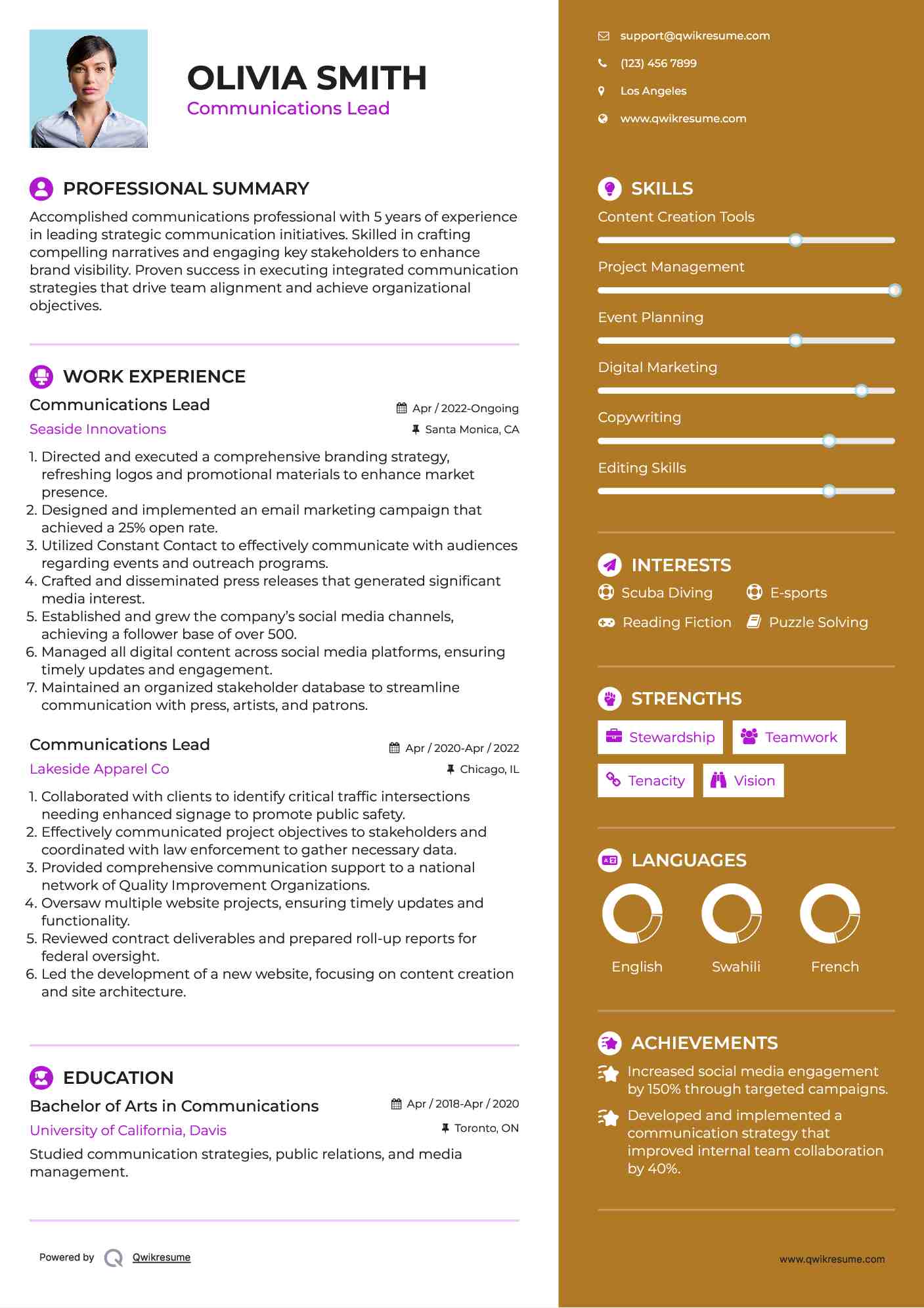 Communications Lead Resume Example