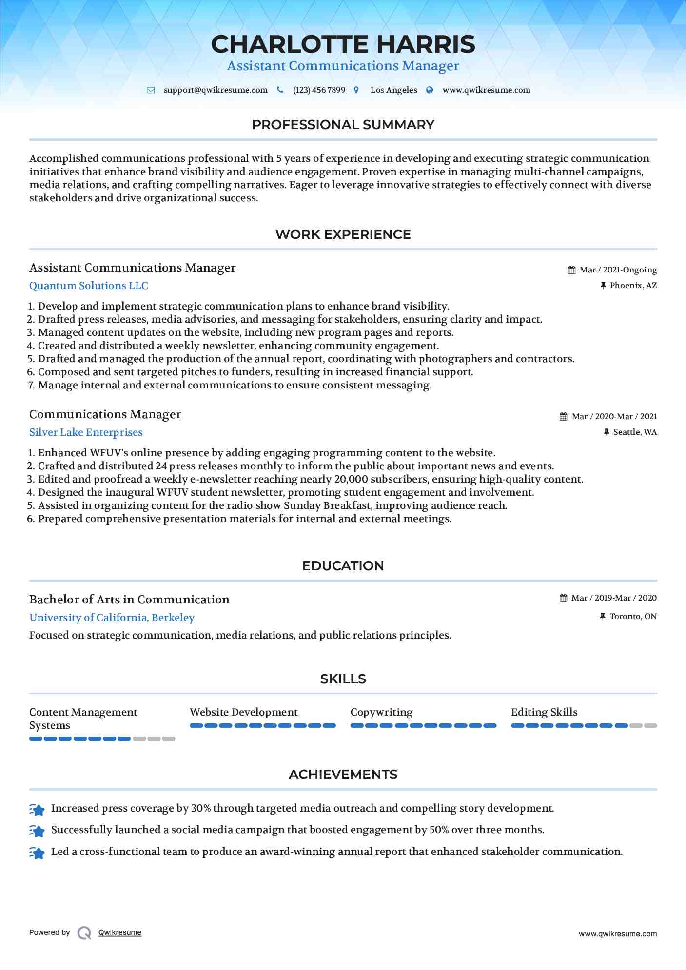 Assistant Communications Manager Resume Format