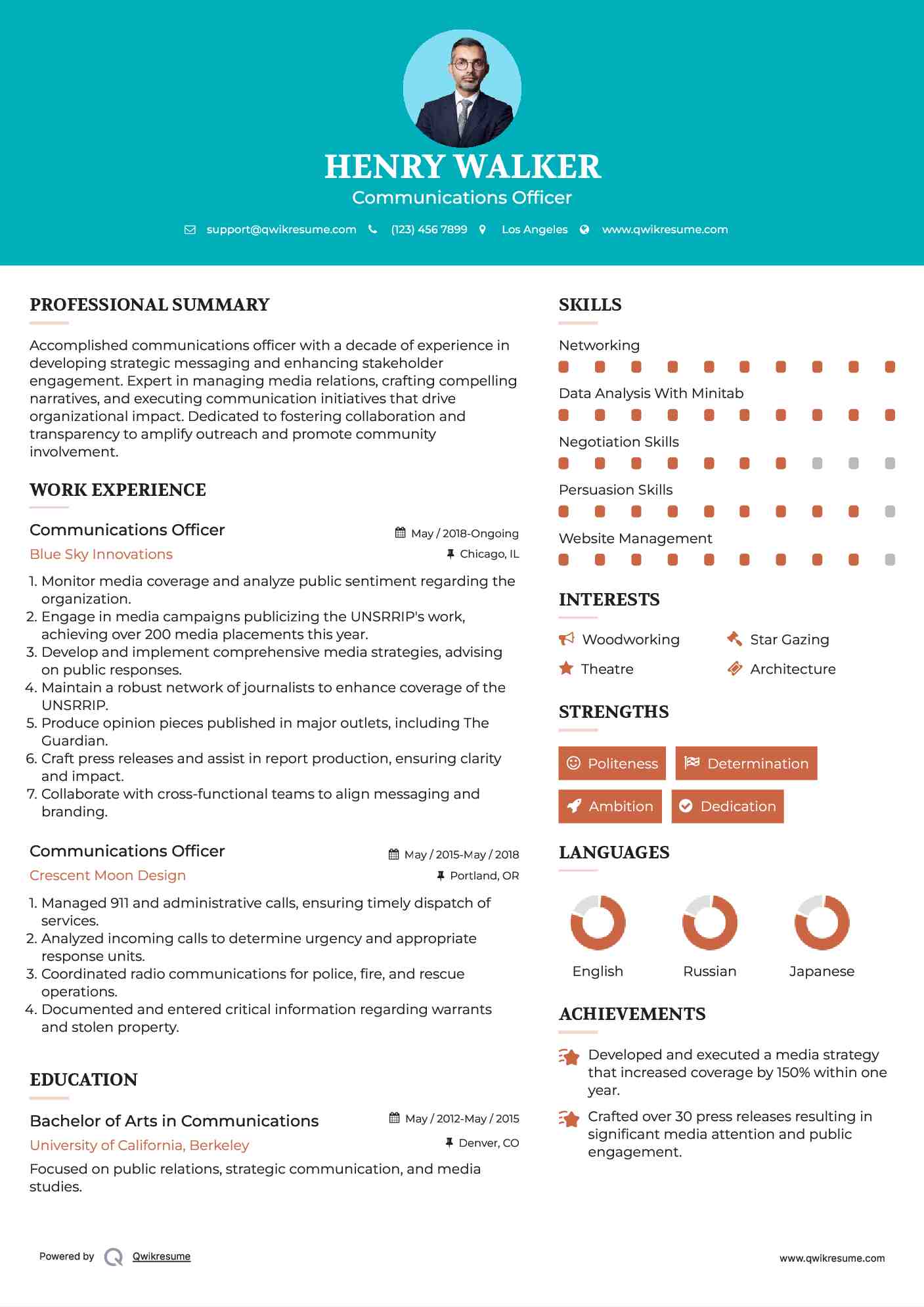 Communications Officer Resume Example