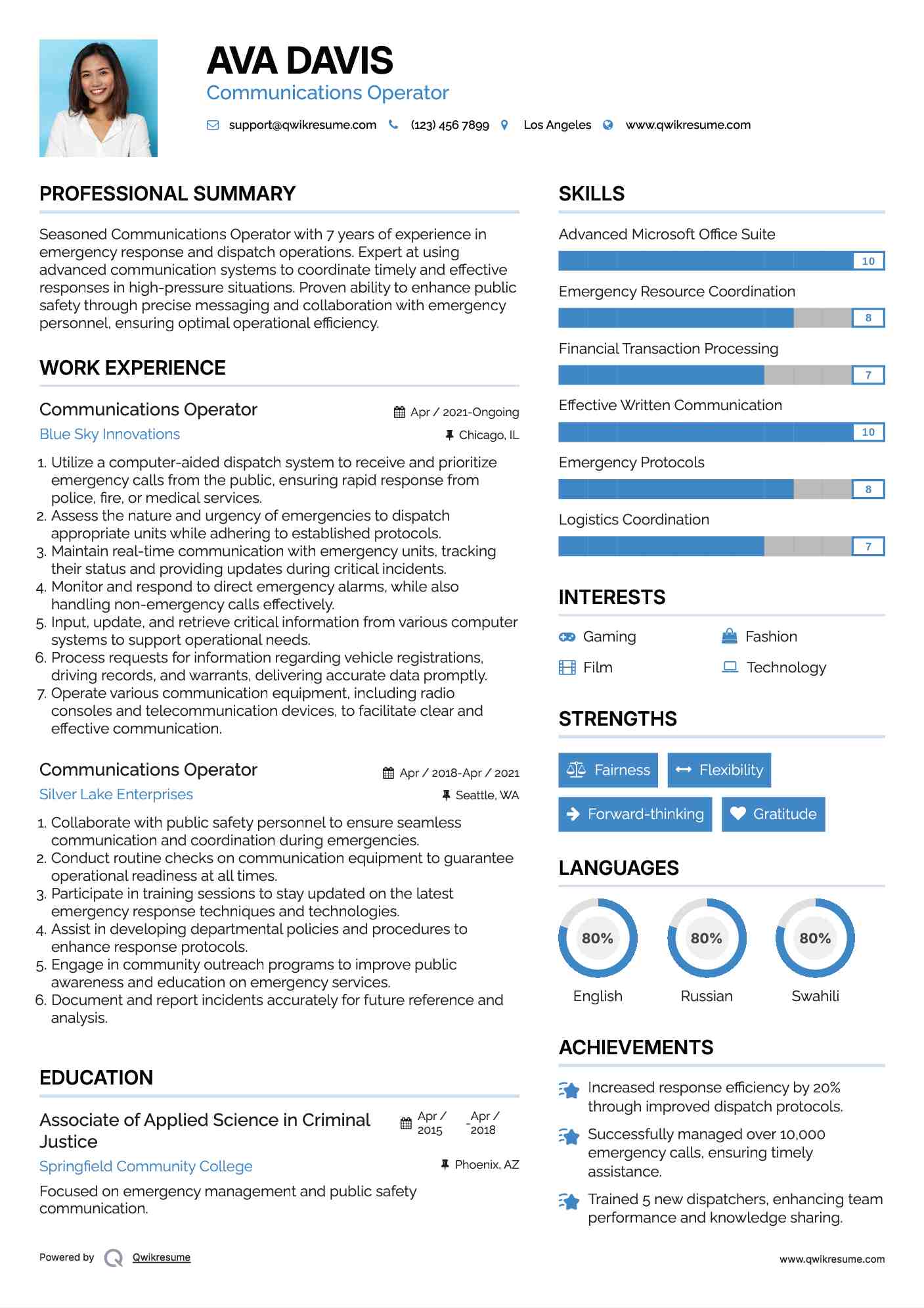 Communications Operator Resume Example