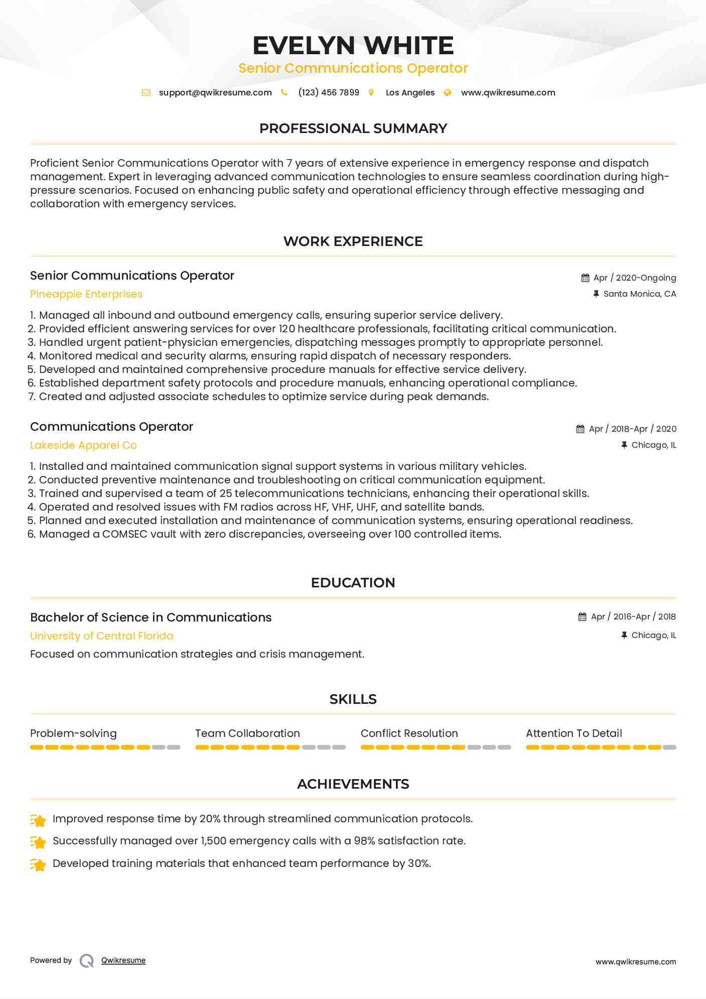 Senior Communications Operator Resume Model