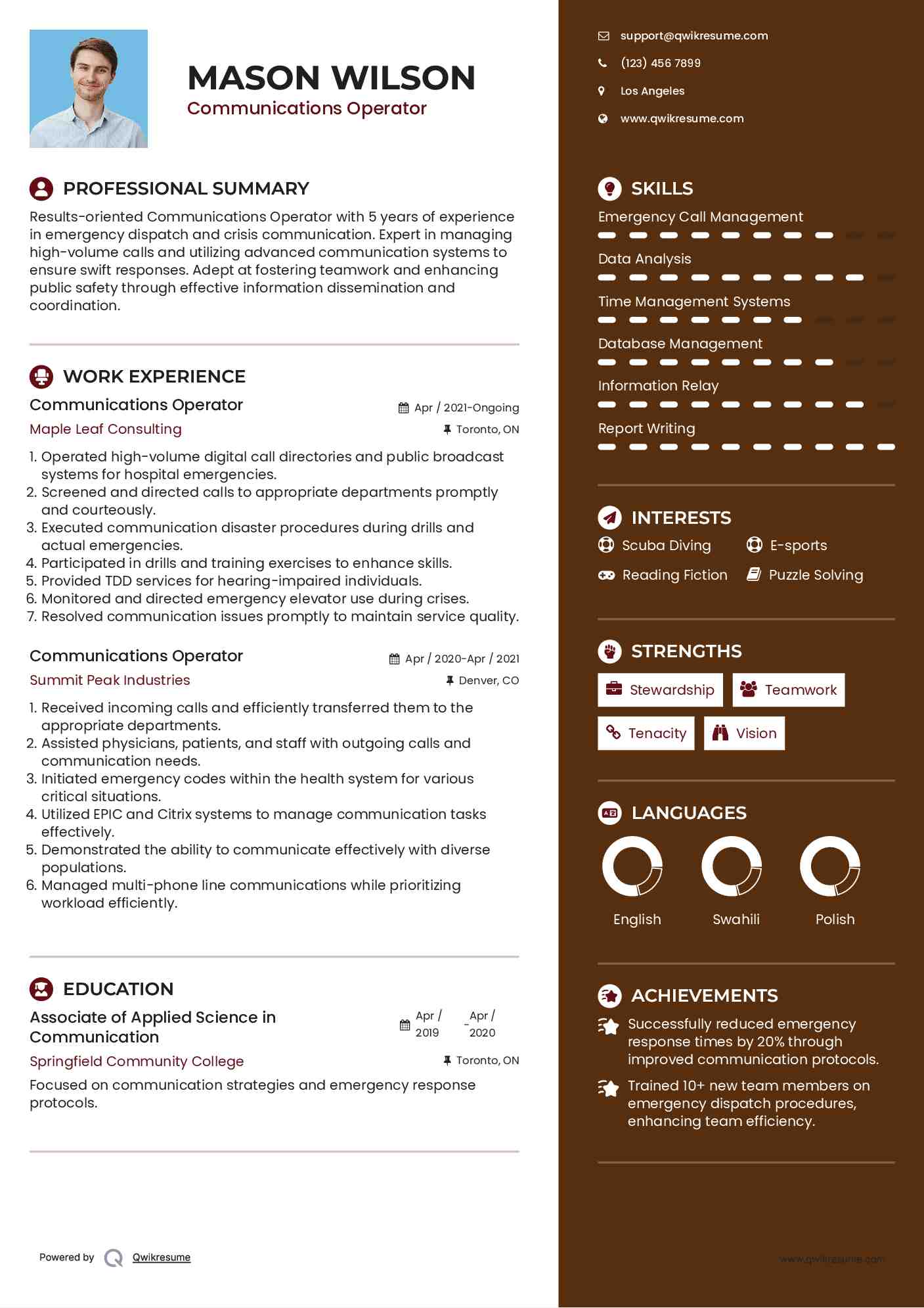 Communications Operator Resume Sample
