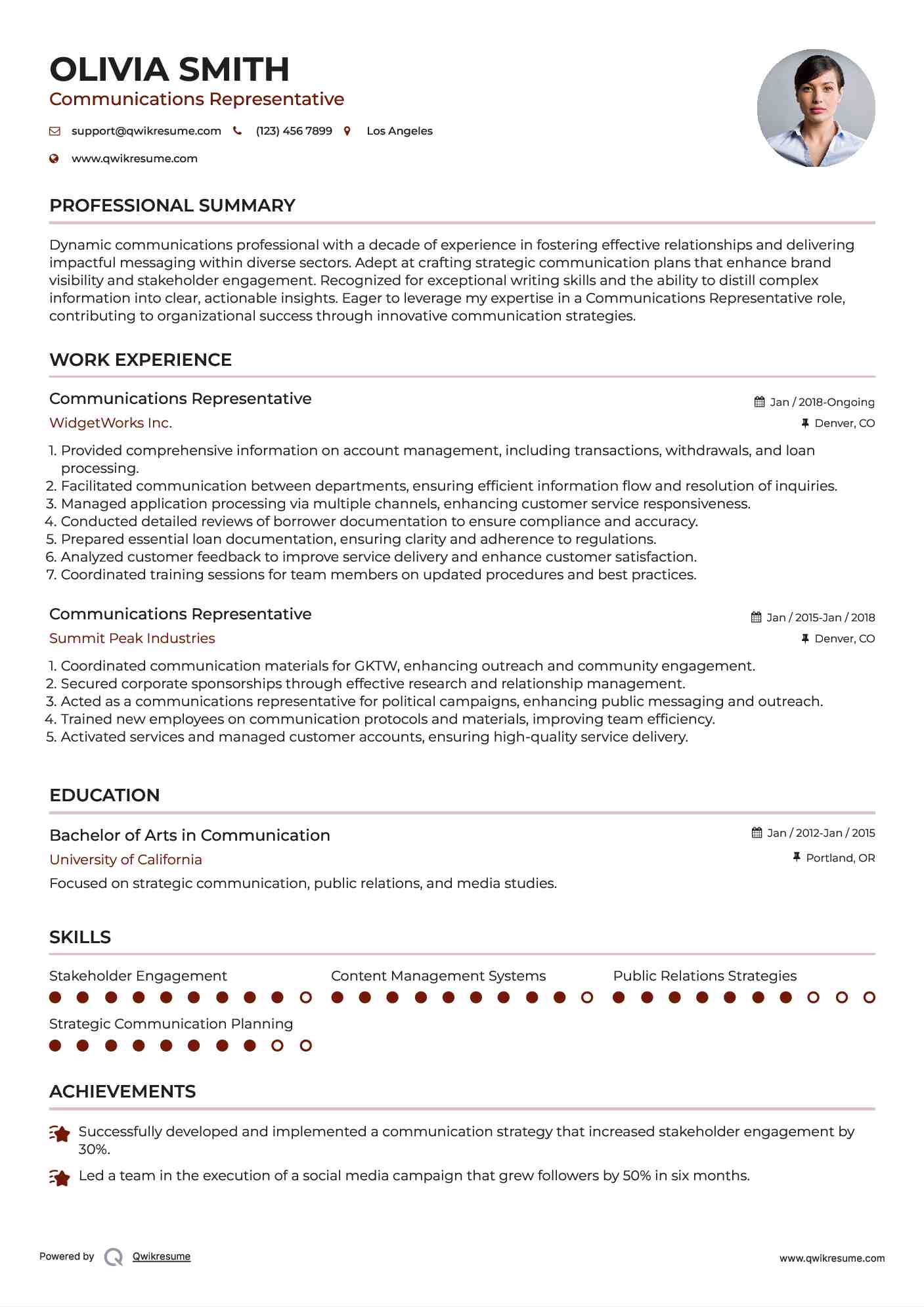 Communications Representative Resume Format