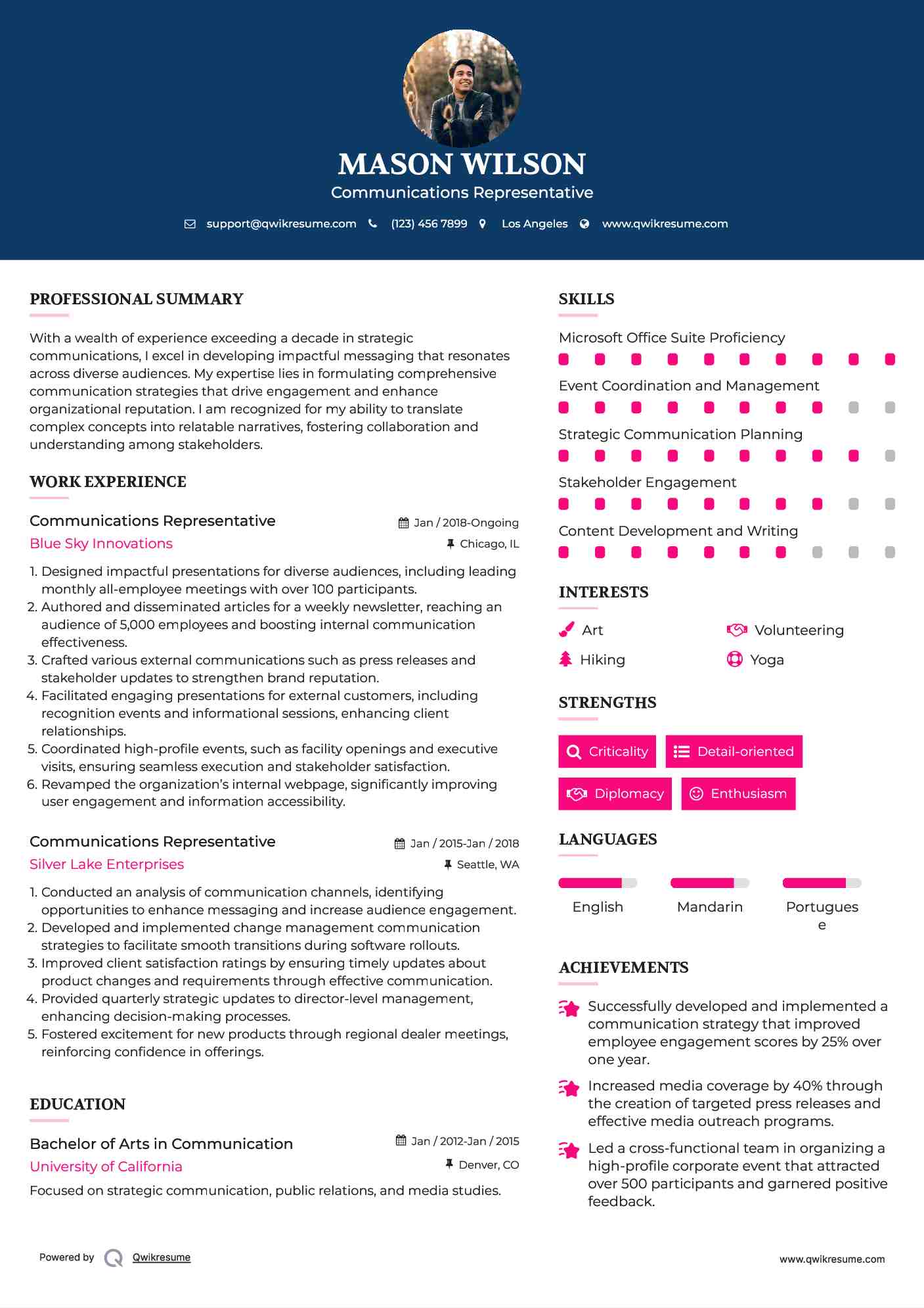 Communications Representative Resume Model