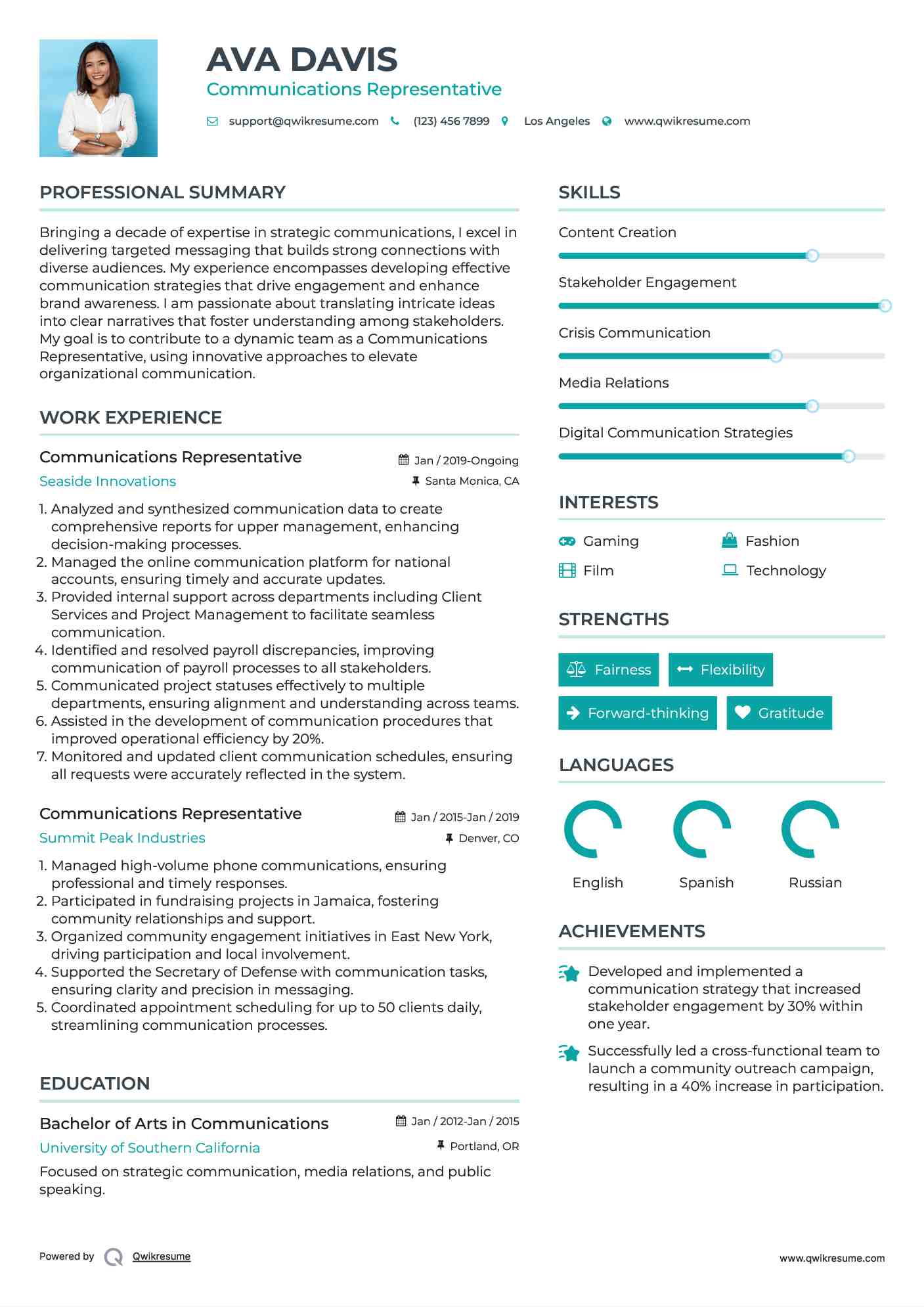 Communications Representative Resume Example