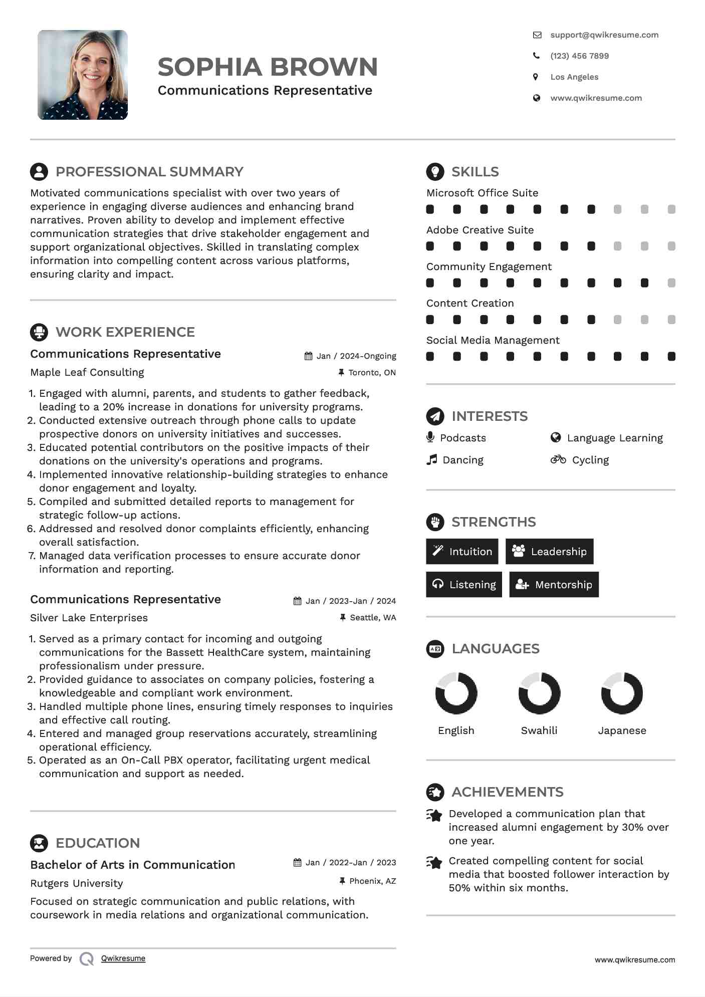 Communications Representative Resume Example