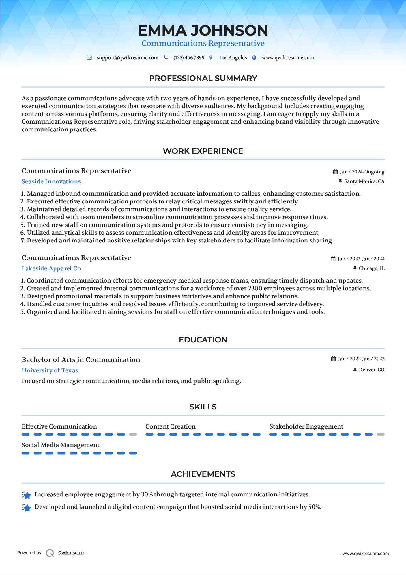Communications Representative Resume Model