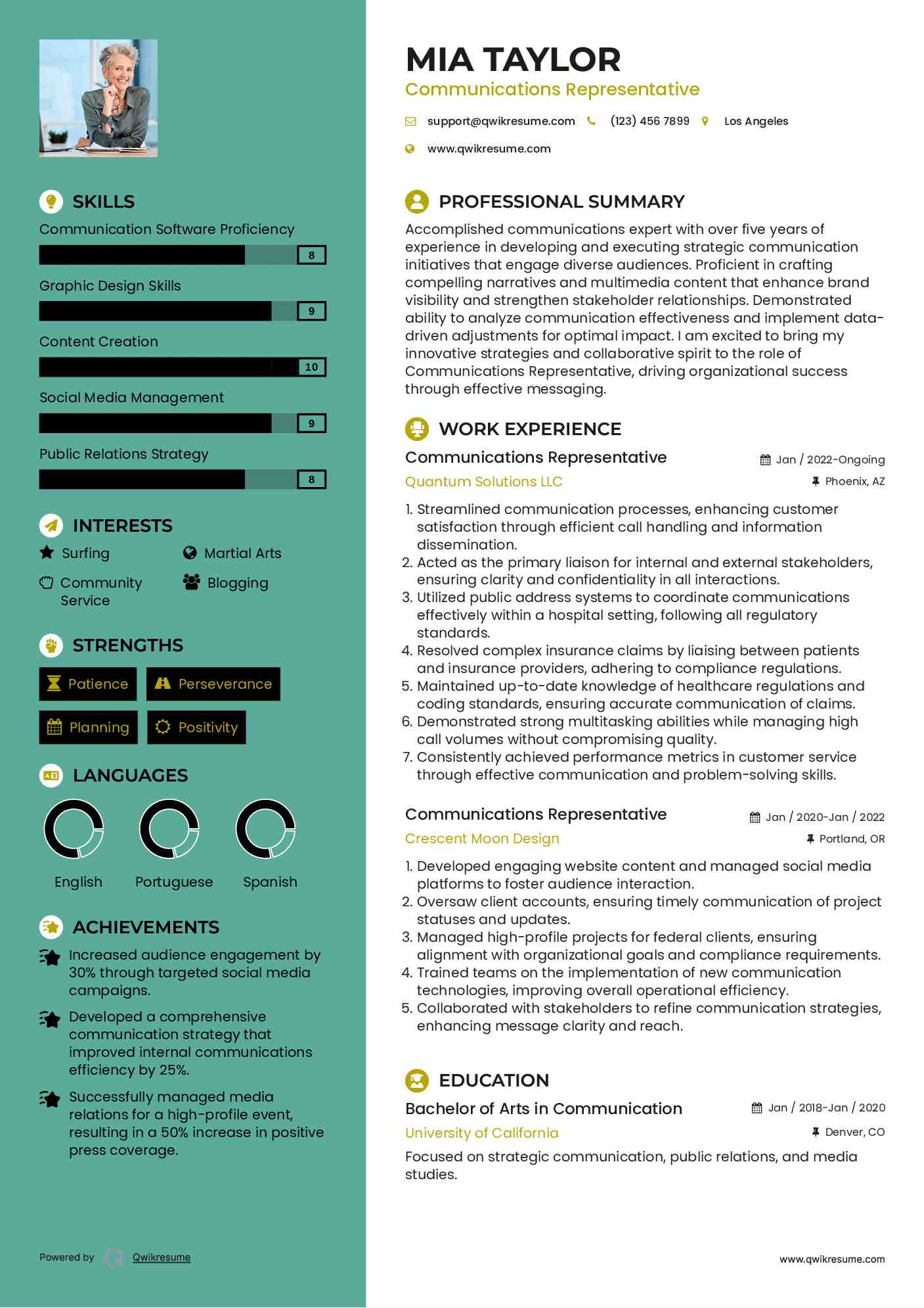 Communications Representative Resume Example