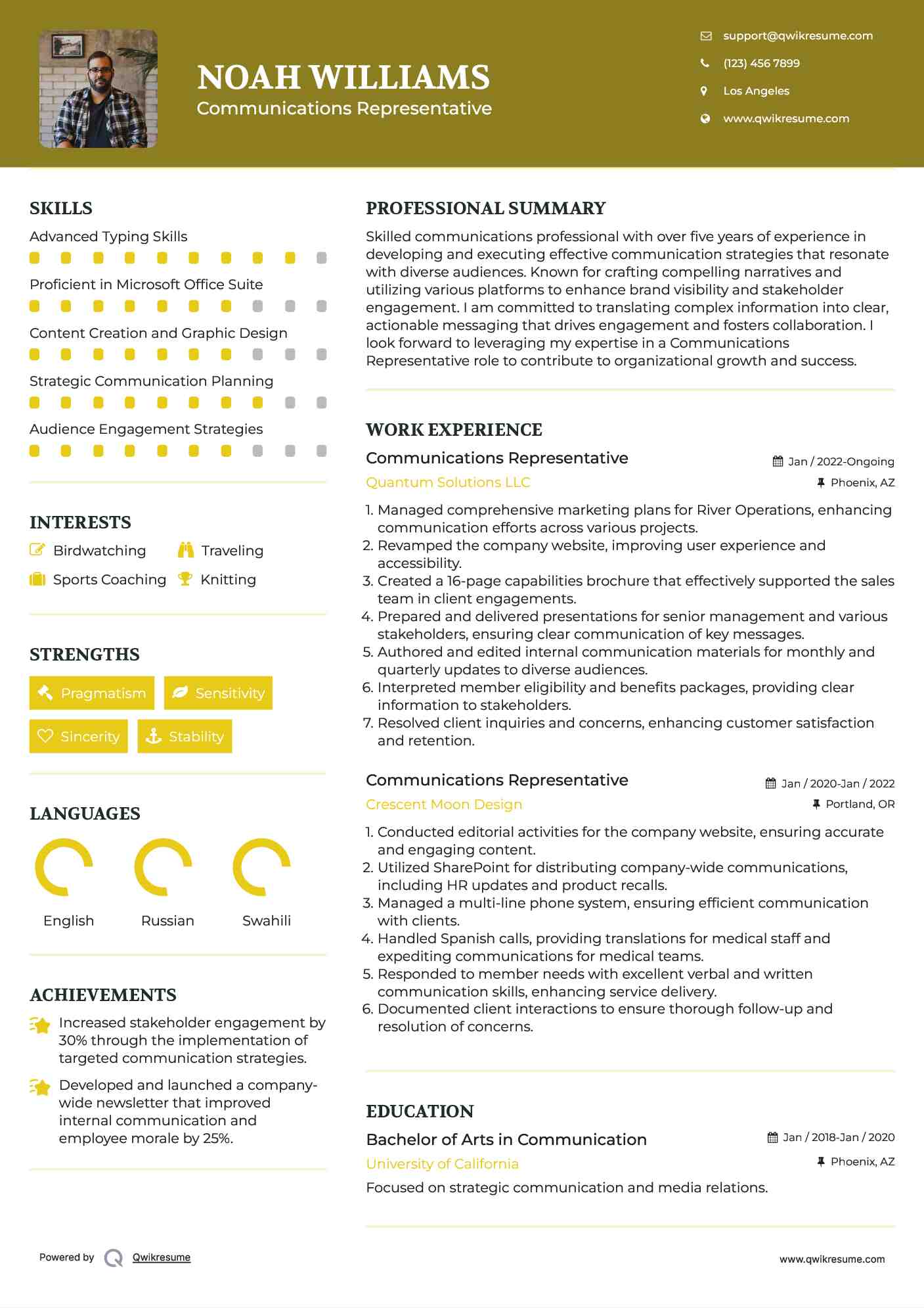 Communications Representative Resume Example