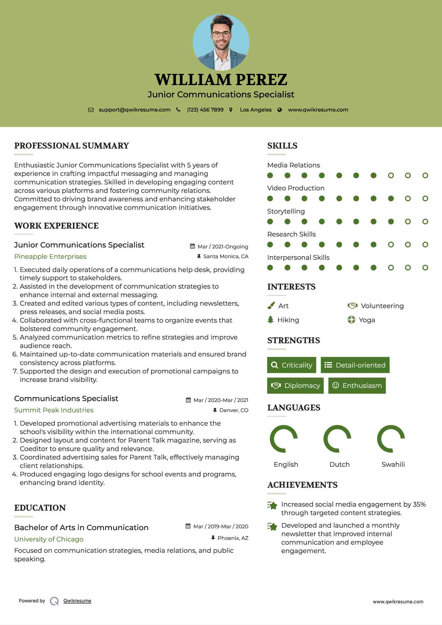 Junior Communications Specialist Resume Example