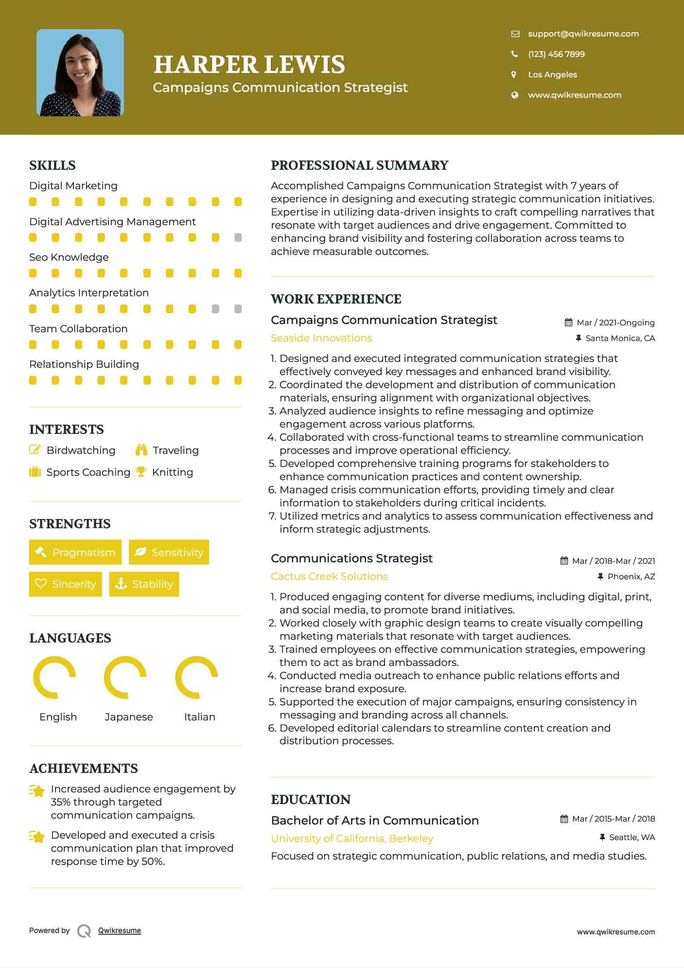 Campaigns Communication Strategist
 Resume Example