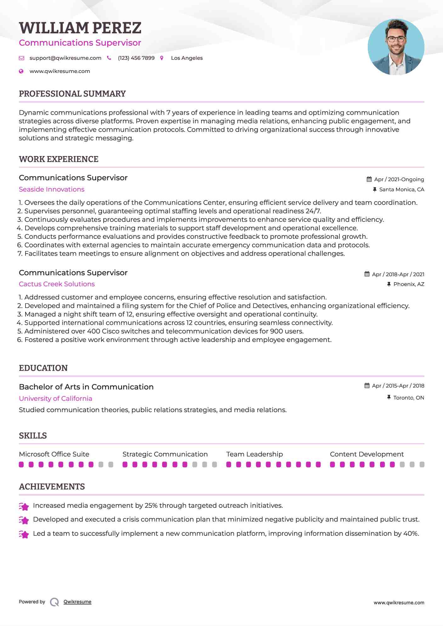 Communications Supervisor Resume Format