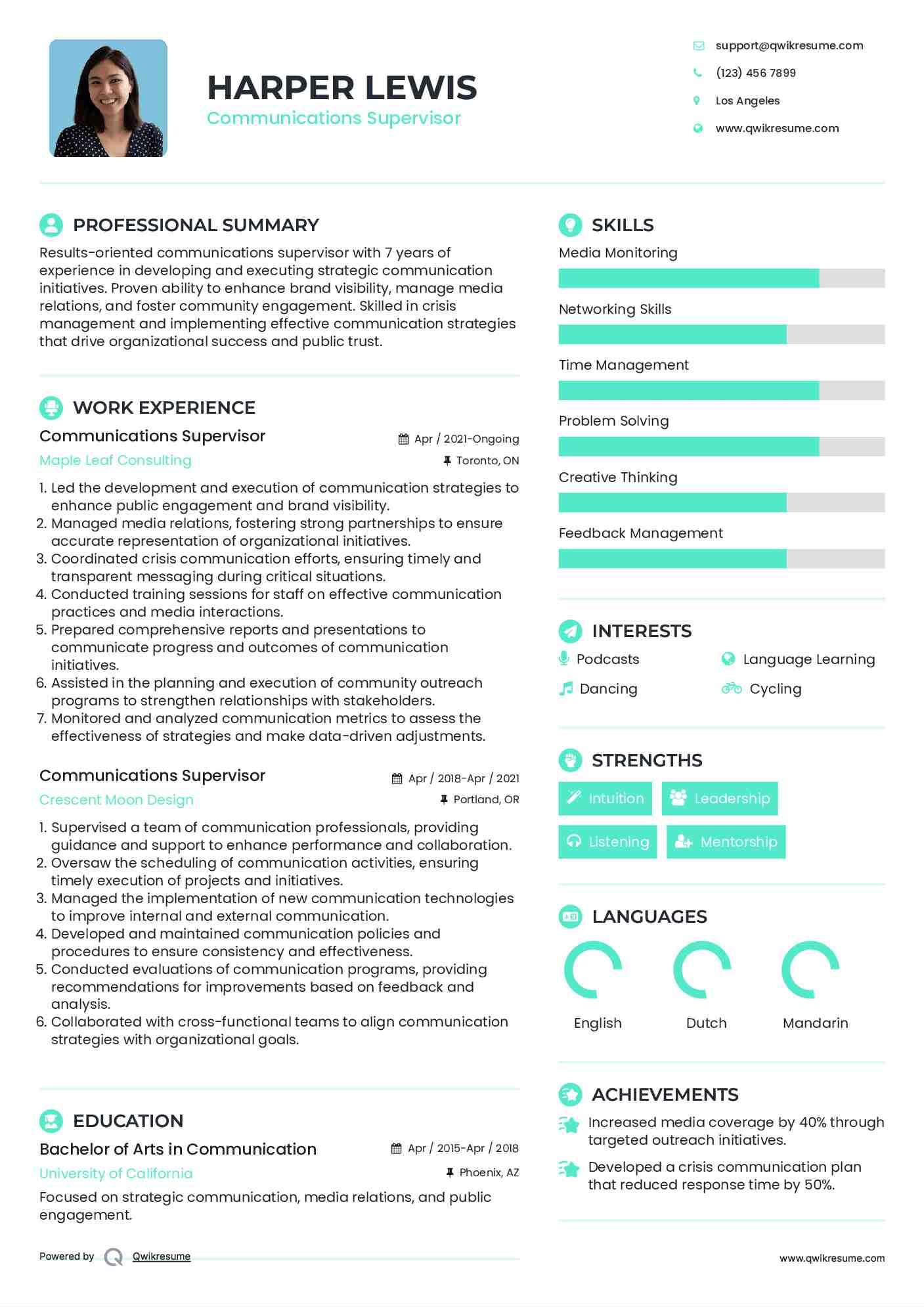 Communications Supervisor Resume Example