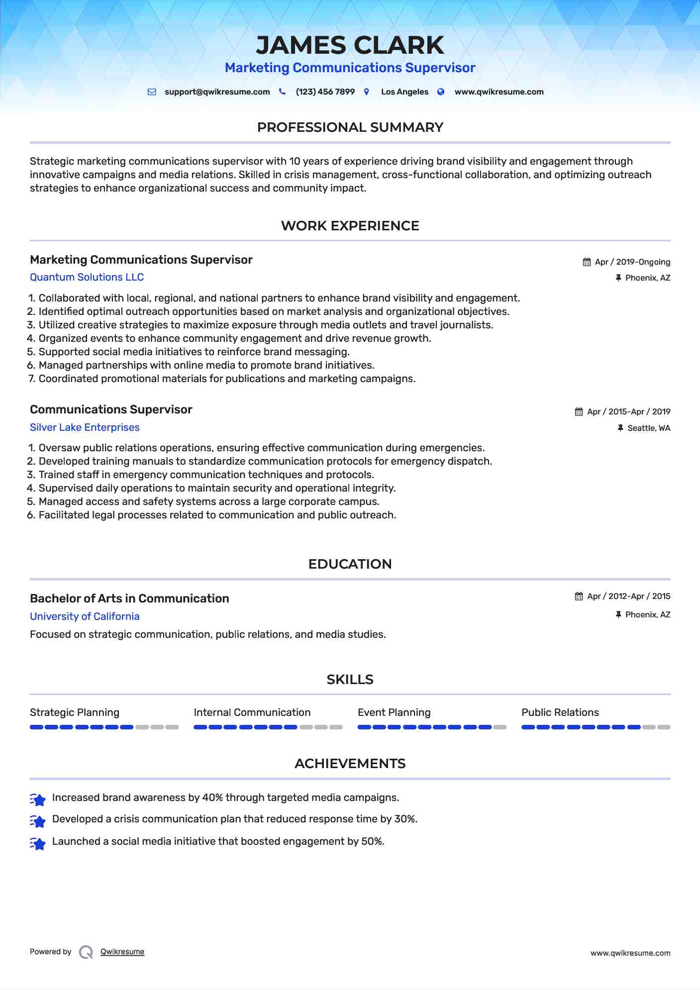 Marketing Communications Supervisor Resume Model