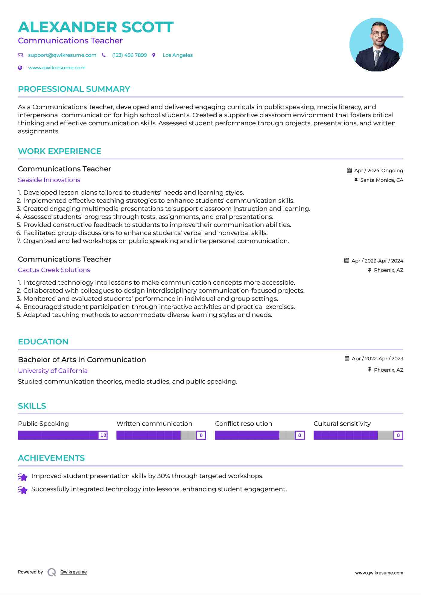 Communications Teacher Resume Example