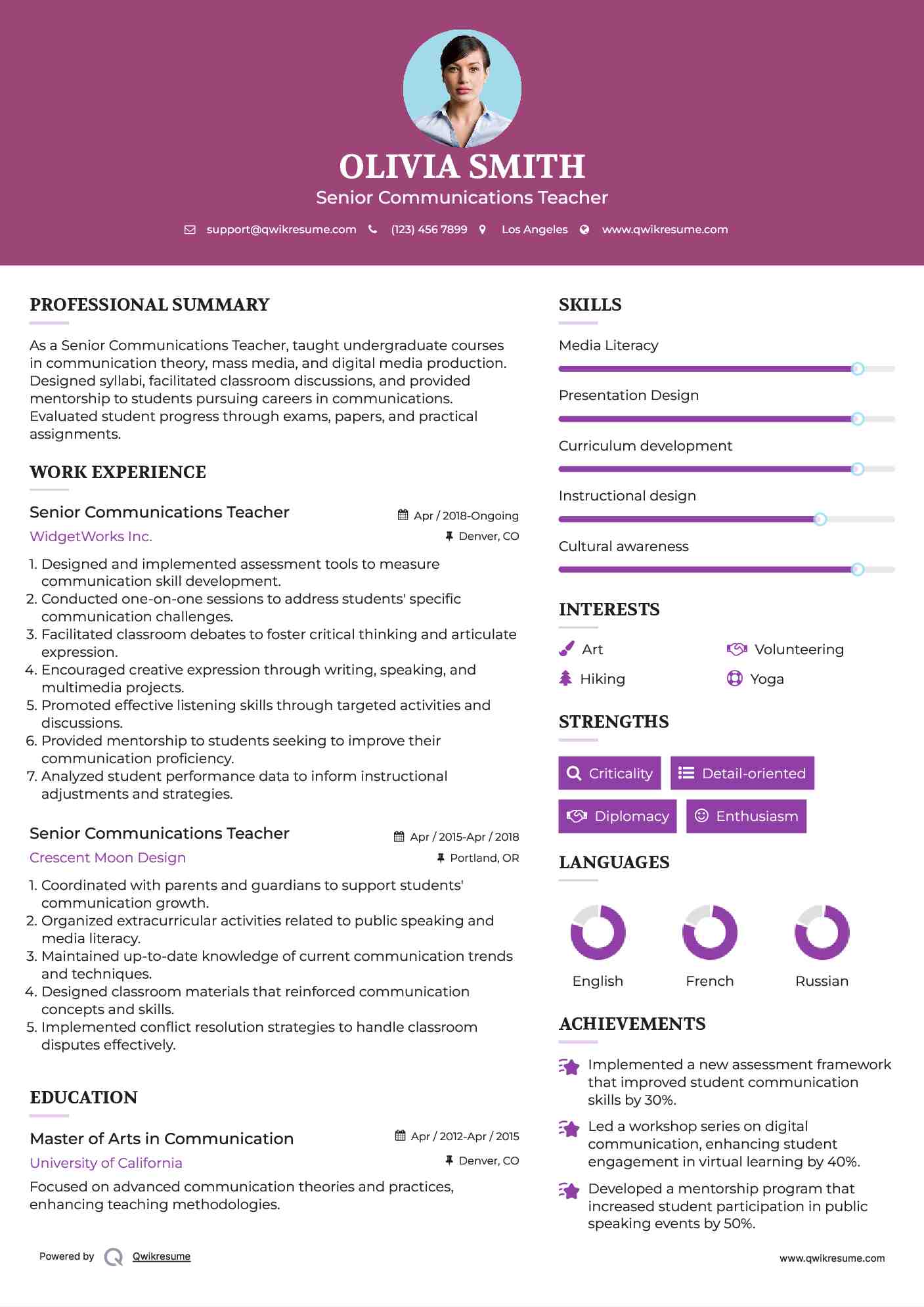 Senior Communications Teacher Resume Example