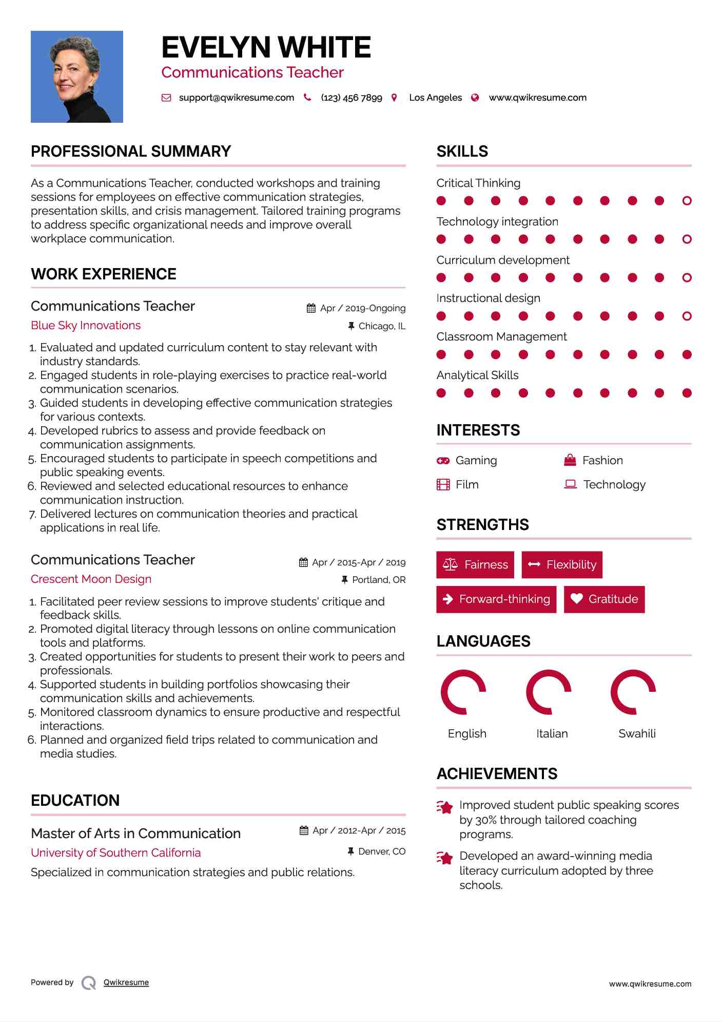 Communications Teacher Resume Sample