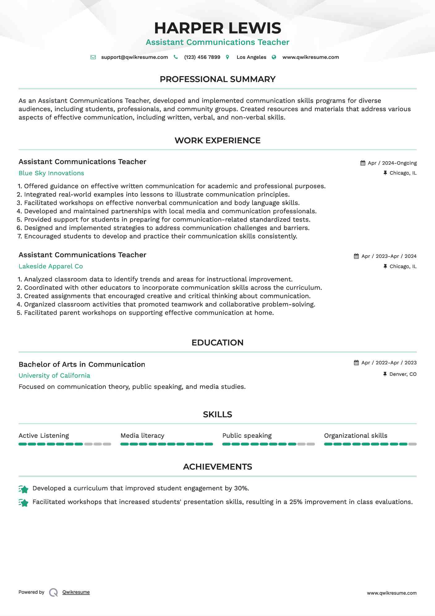 Assistant Communications Teacher Resume Example